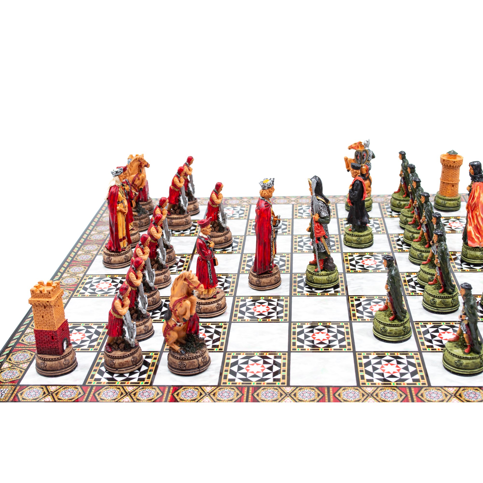 Hand Painted Chess Pieces Camelot and Chess Board, Handmade Medieval Chess Set, Engraved Chess Board