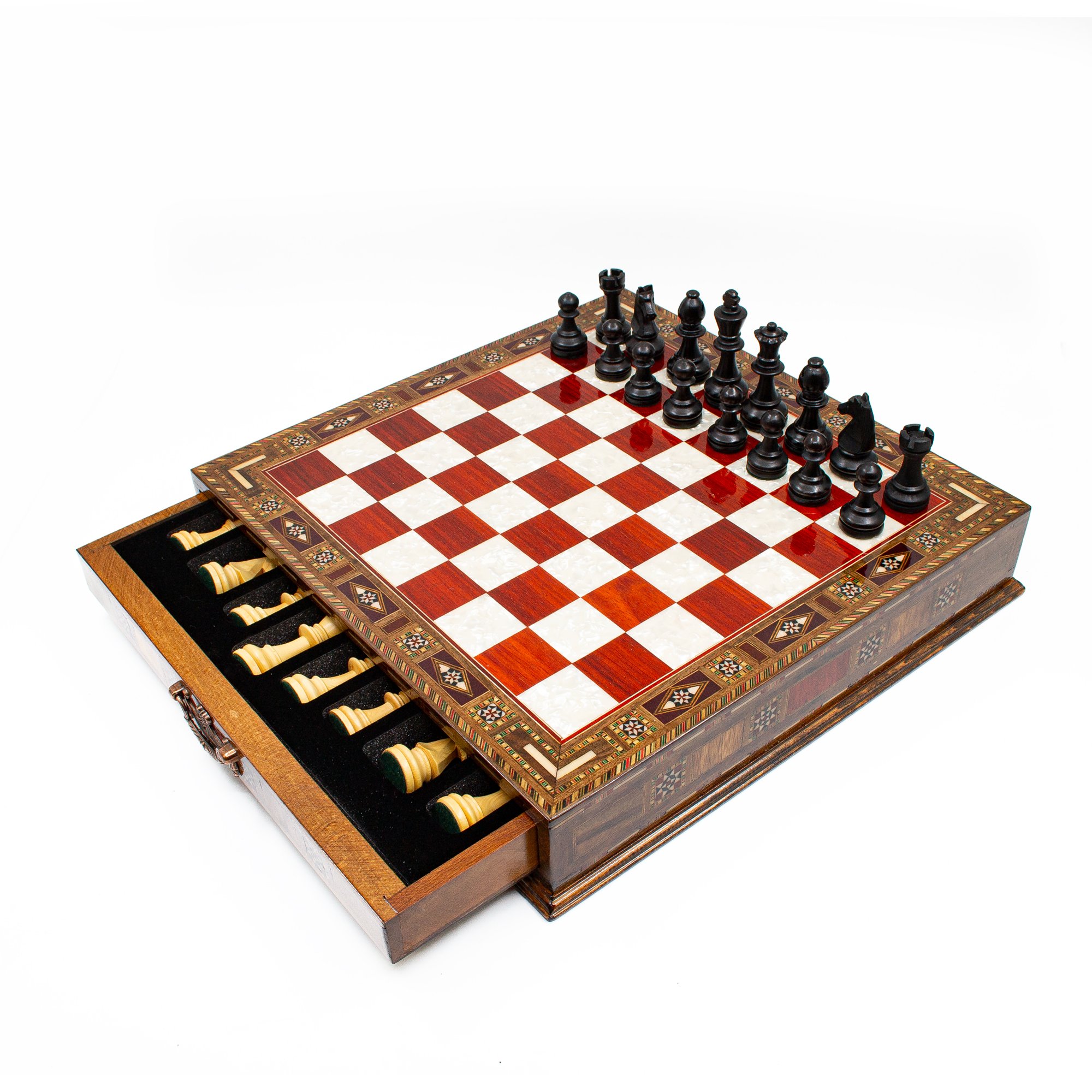 Wooden Chess Set with Hand Curved Chess Pieces, Handmade Staunton Style Chess, Chess Board with Storage