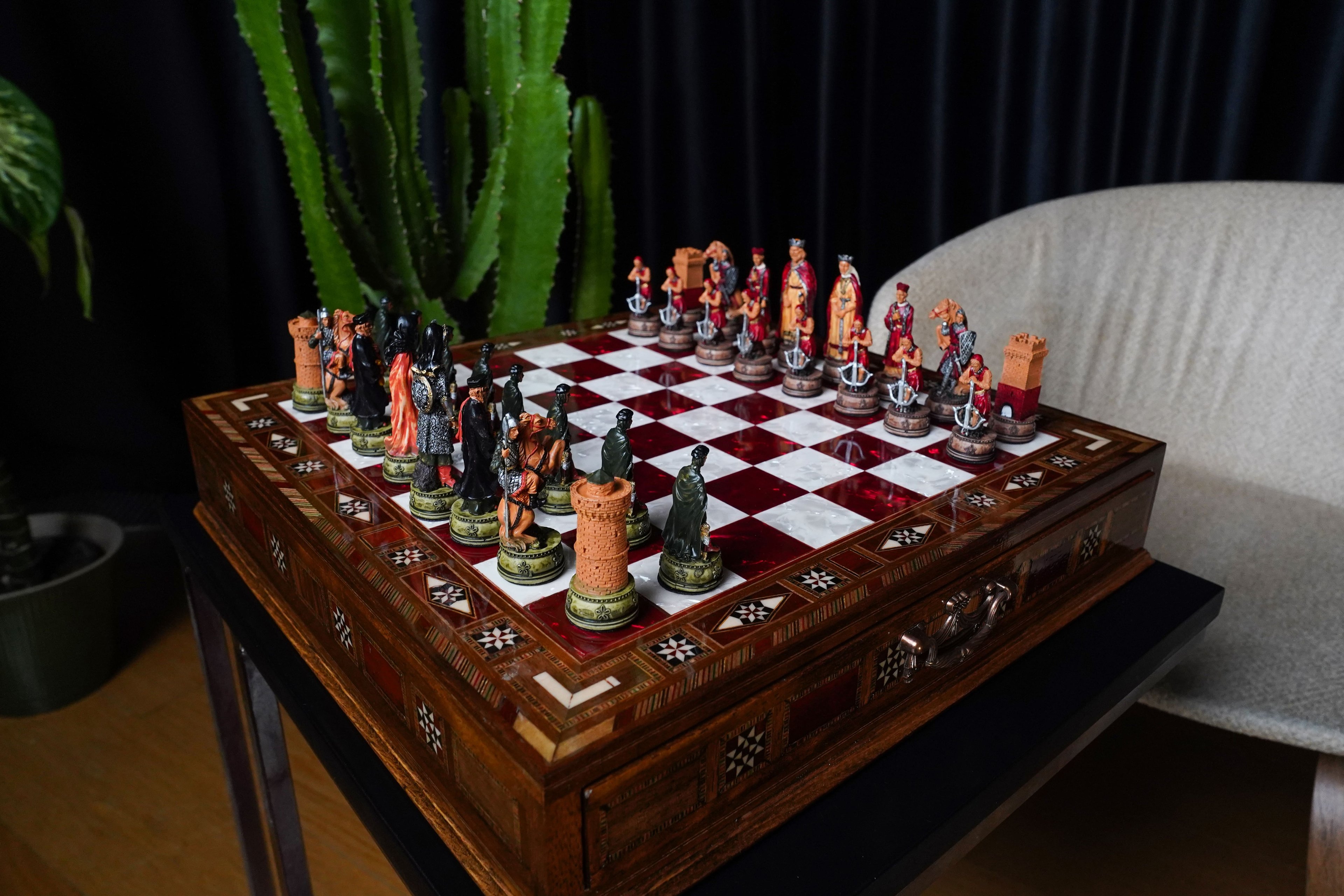 Hand Painted Chess Pieces Camelot and Chess Board with Drawer, Handmade Chess Board with Storage, Medieval Chess Pieces