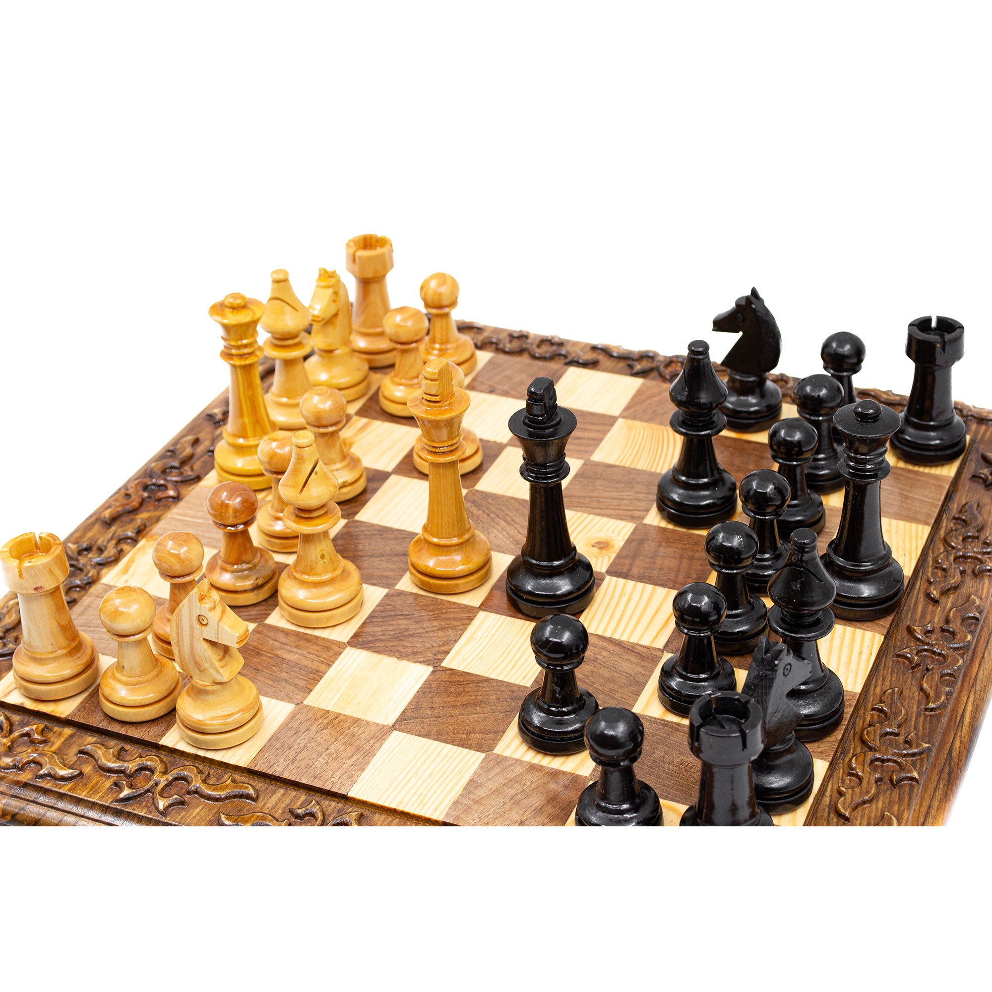 MRSSTN36_MRSSTN42 Hand Curved Staunton Chess Set, Engraved Chess Board, Handmade Chess Set 