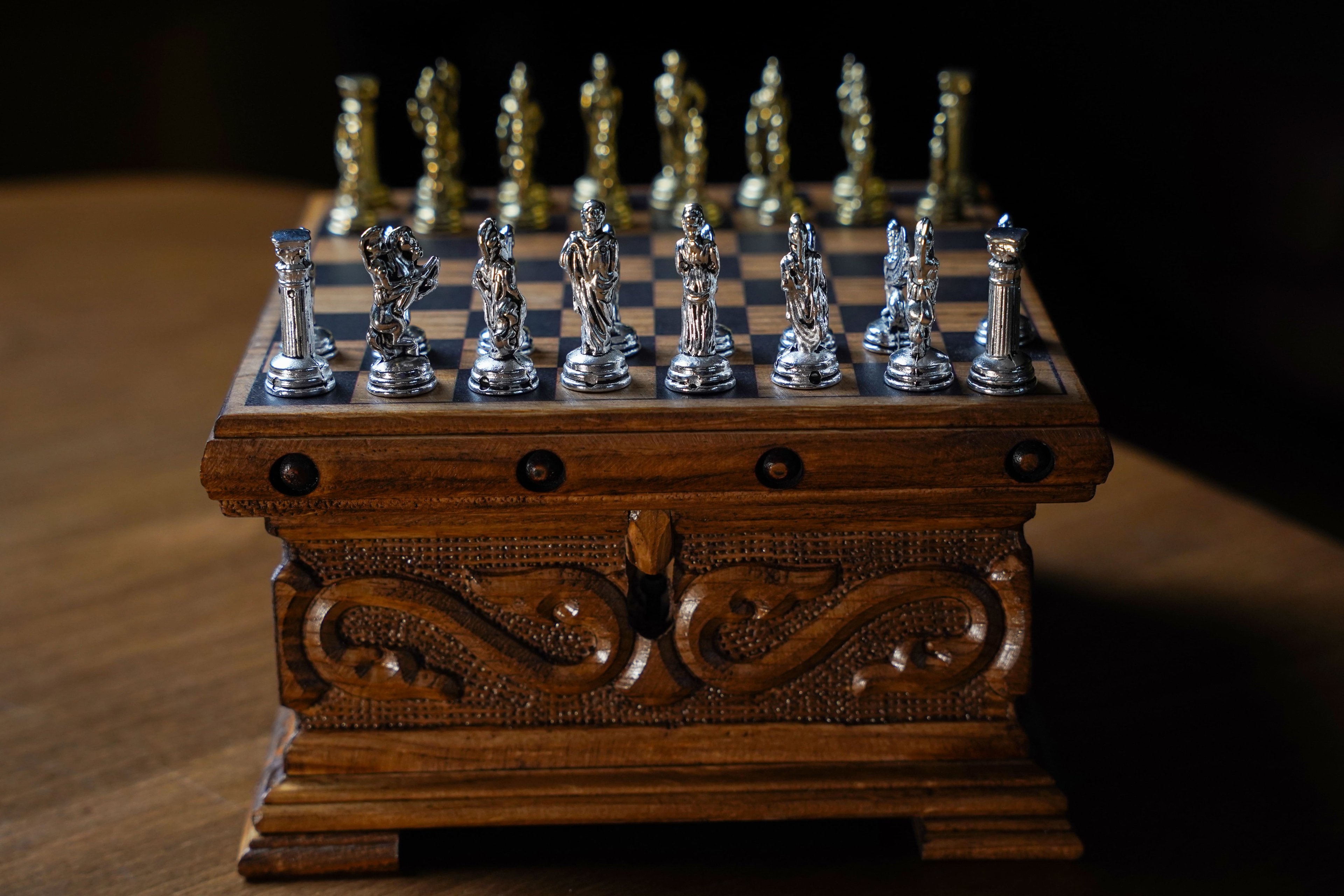 Locked Handmade Wooden Chess Box with Hidden Key, Roman Themed Chess Set, Unique Engraved Walnut Chess Board with Hidden Drawer, Medieval Chess Set