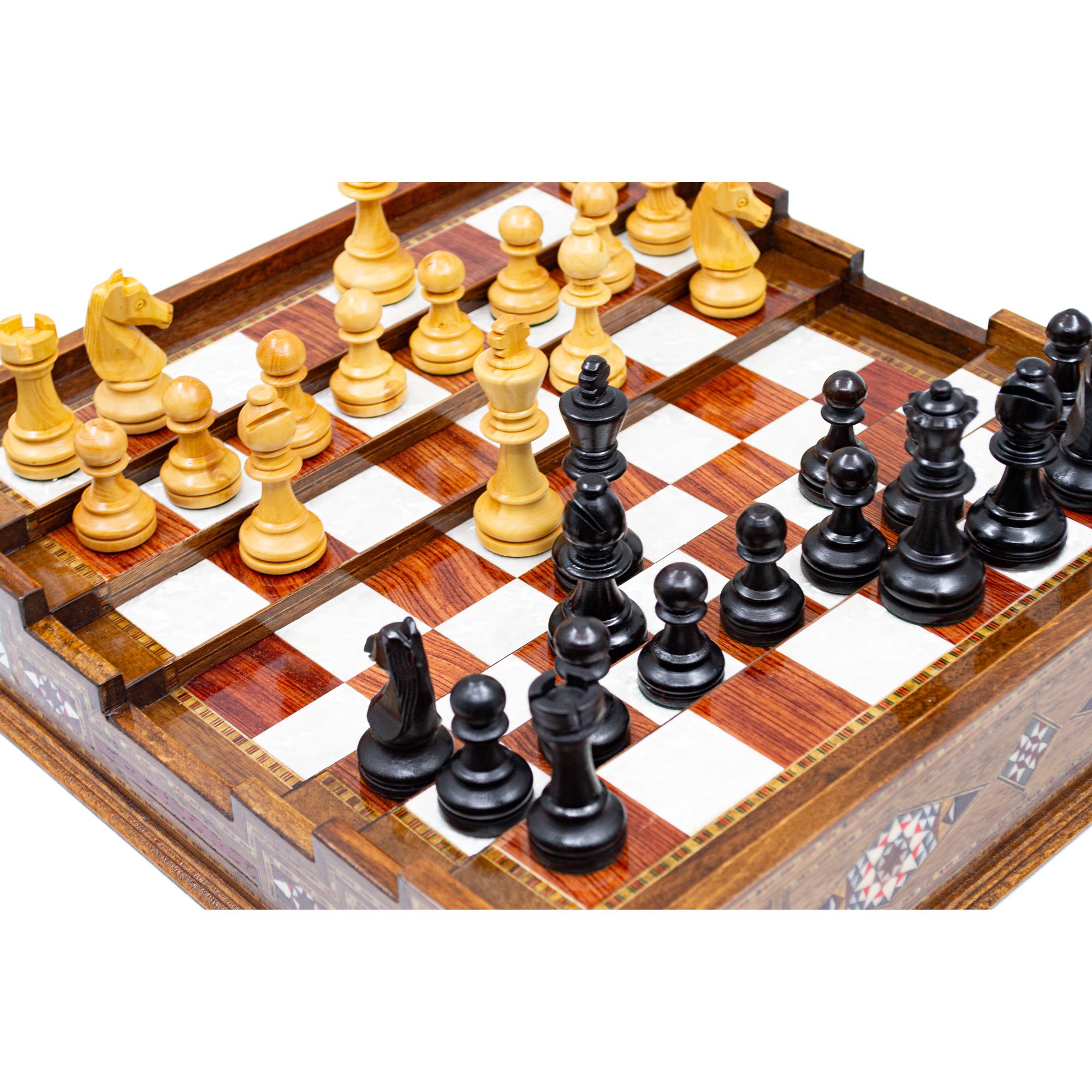  Wooden Chess Set with Hand Curved Chess Pieces Staunton Style, Handmade Chess Set with Drawer, Engraved Chess Board with Storage