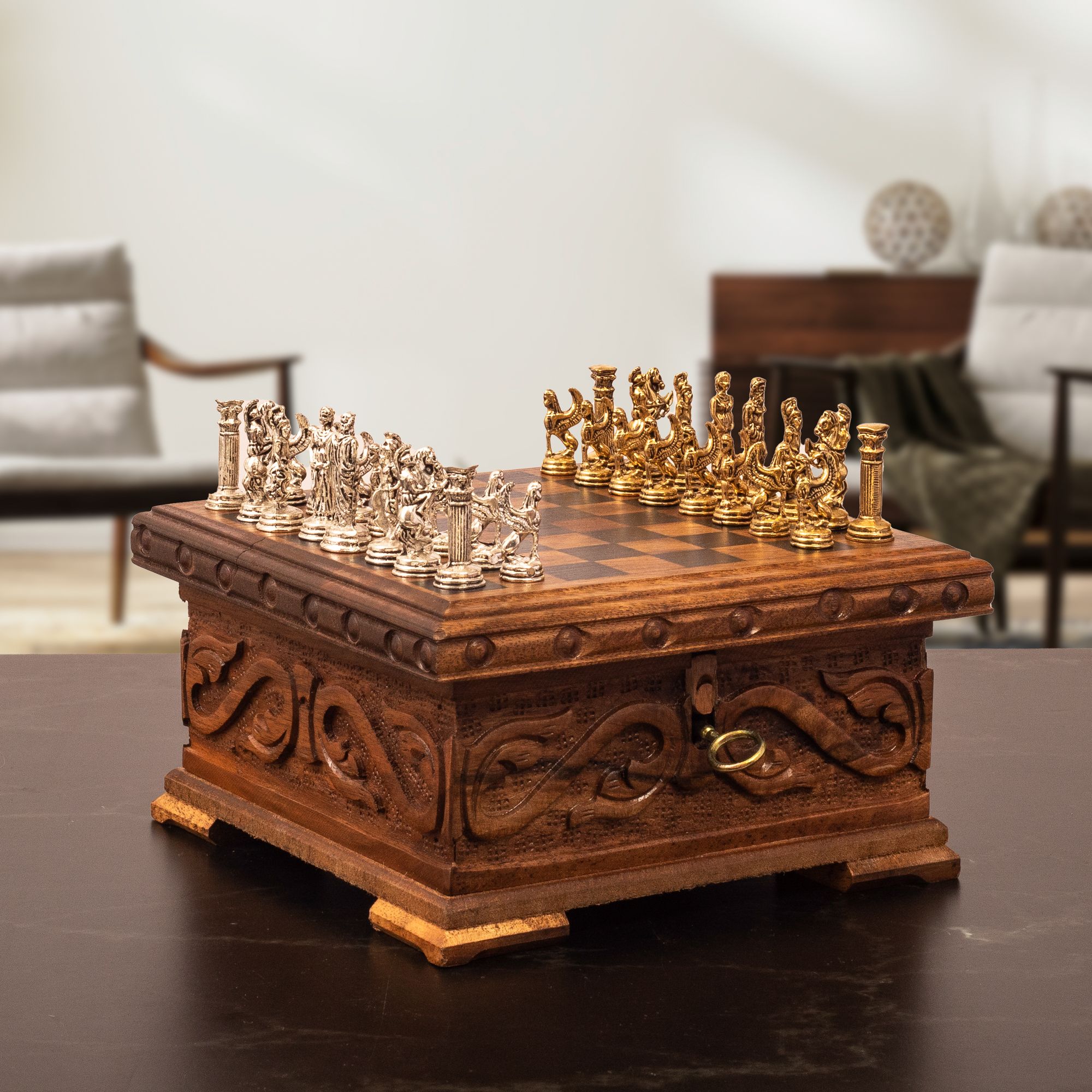 Locked Handmade Wooden Chess Box with Hidden Key, Roman Themed Chess Set, Unique Engraved Walnut Chess Board with Hidden Drawer, Medieval Chess Set