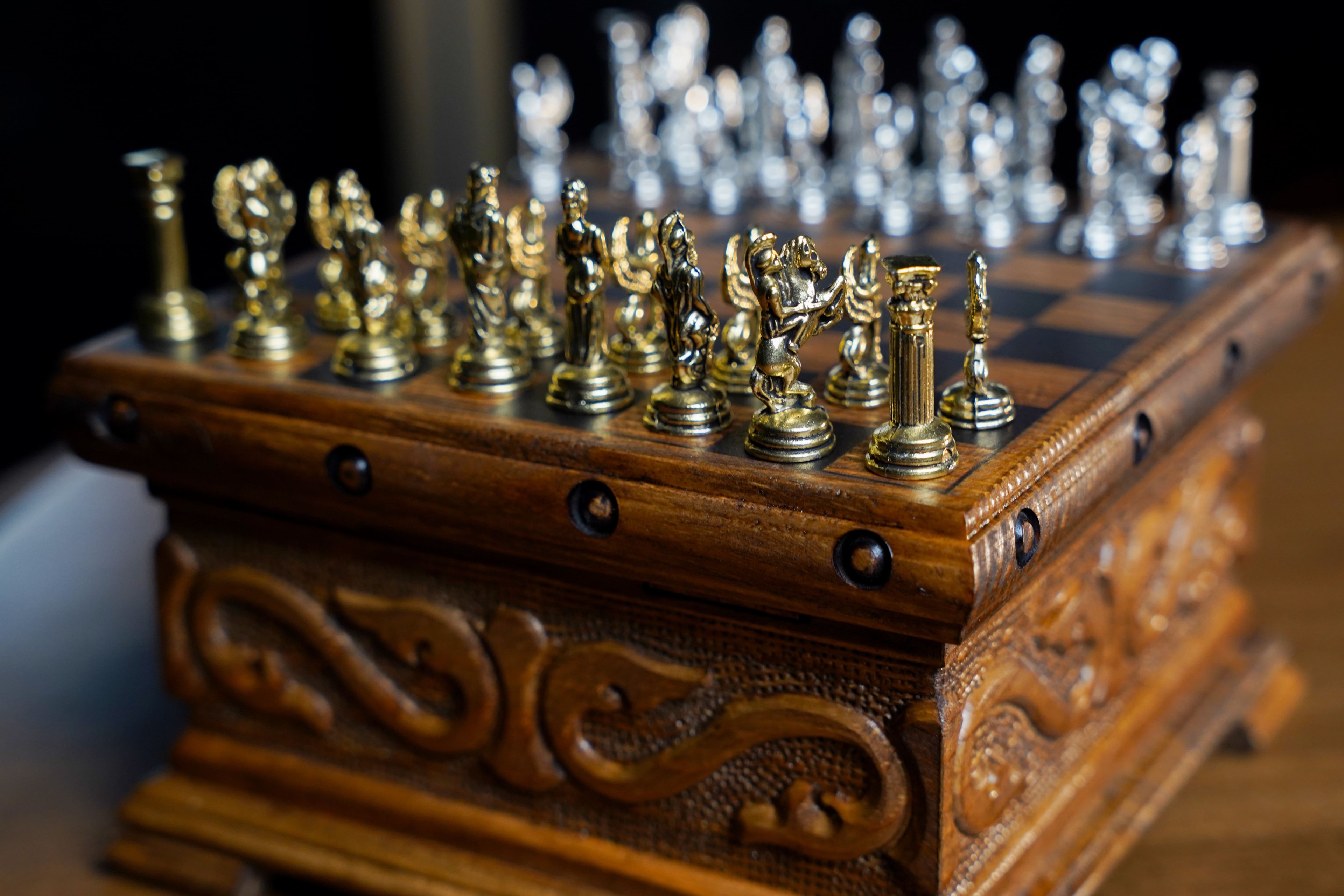 Locked Handmade Wooden Chess Box with Hidden Key, Roman Themed Chess Set, Unique Engraved Walnut Chess Board with Hidden Drawer, Medieval Chess Set