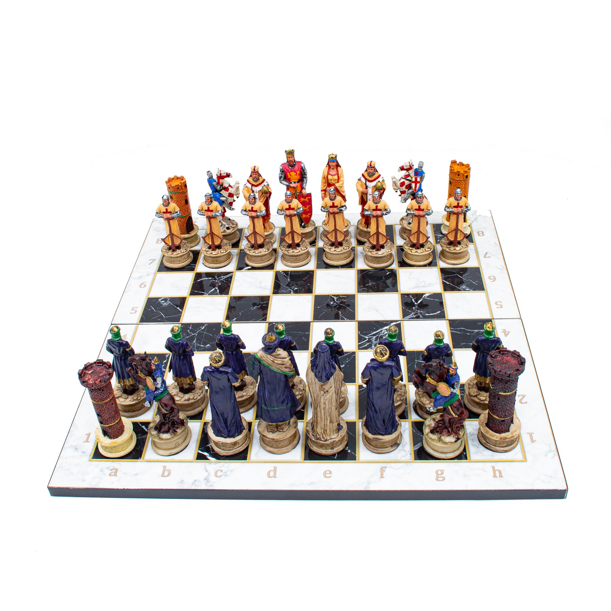 Ottoman and Crusaders Hand Painted Chess Pieces with Foldable Chess Board, Marble Patterned Chess Board, Handmade Unique Chess Set