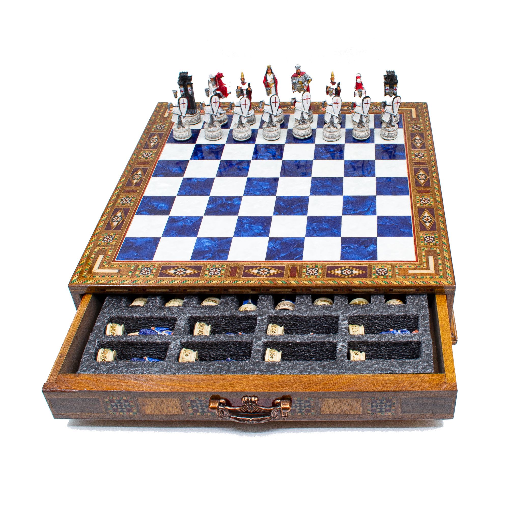 Hand Painted Chess Pieces Crusaders&Ottoman and Chess Board with Drawer, Engraved Chess Board with Storage, Handmade Chess Set