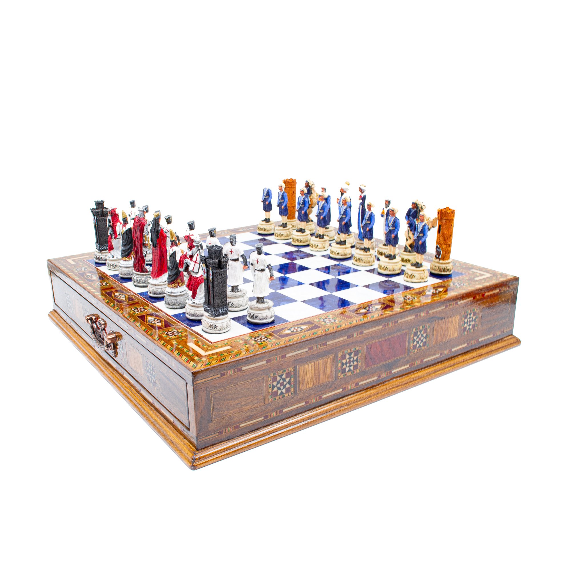 Hand Painted Chess Pieces Crusaders&Ottoman and Chess Board with Drawer, Engraved Chess Board with Storage, Handmade Chess Set