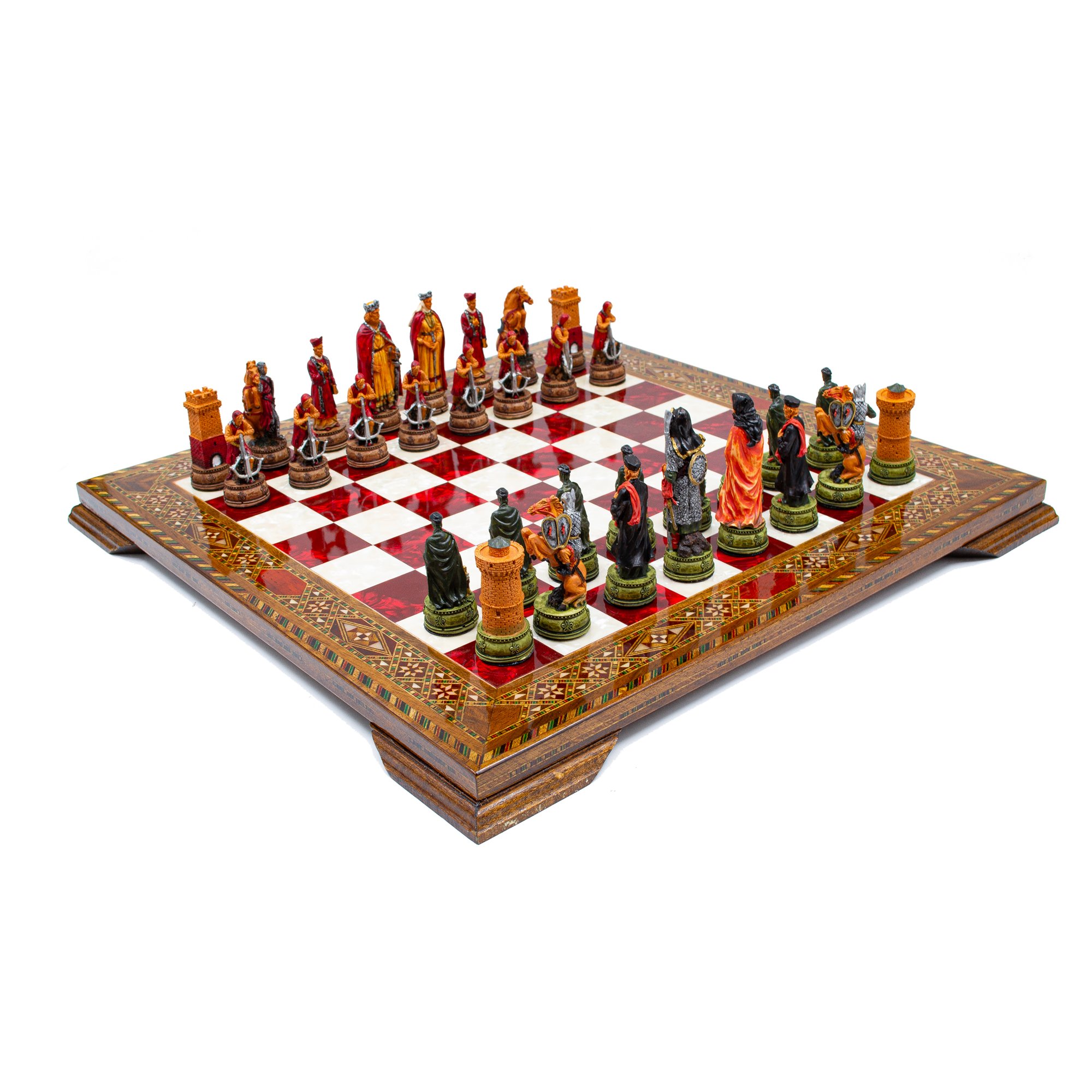 Hand Painted Chess Pieces Camelot and Mosaic Chess Board ,Engraved Chess Set, Handmade Chess Set