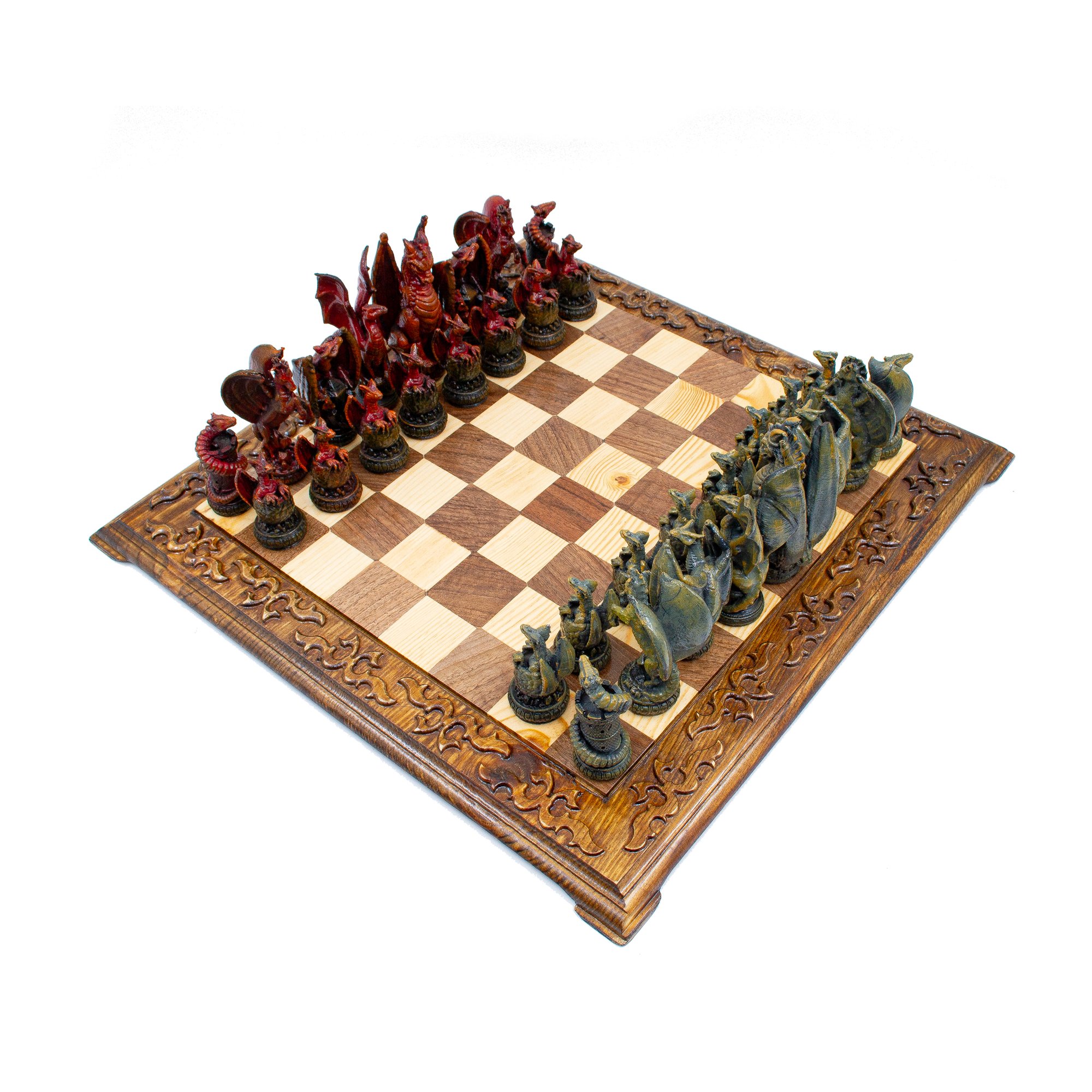 Hand Painted Dragon Themed Chess Set, Handmade Engraved Chess Board, Unique Dragon Chess Pieces, Customizable Chess Set