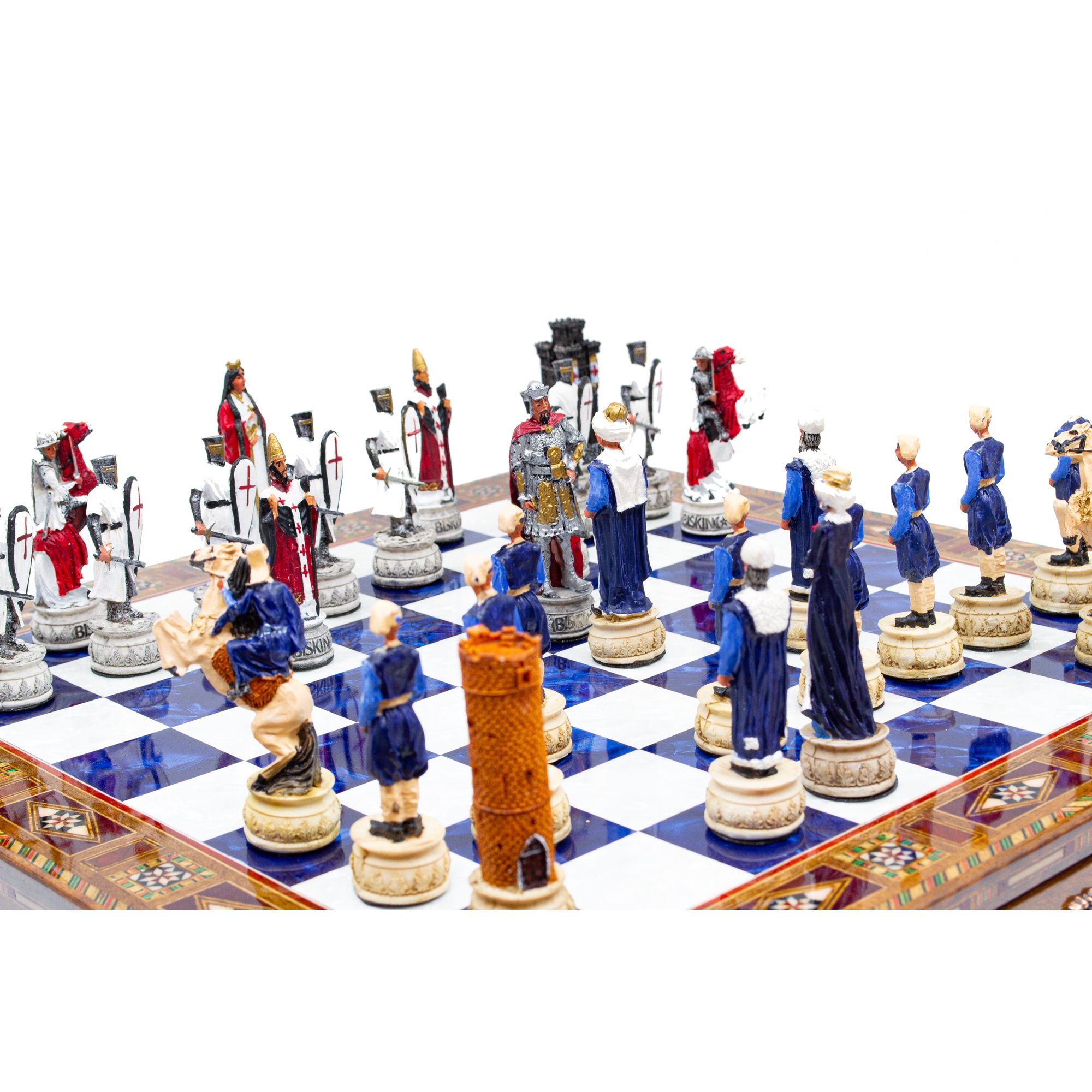 Hand Painted Chess Pieces Crusaders&Ottoman and Chess Board with Drawer, Engraved Chess Board with Storage, Handmade Chess Set