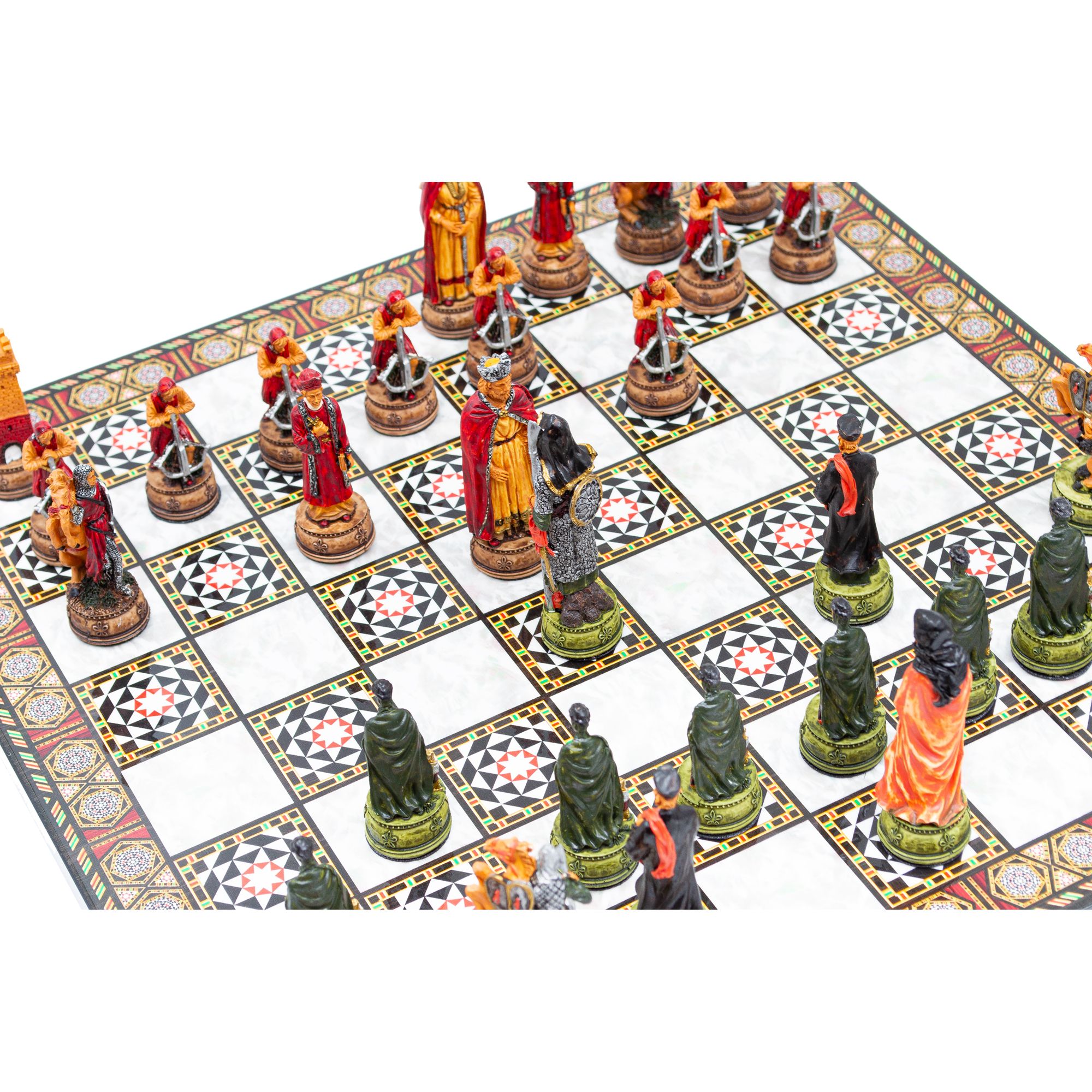 Hand Painted Chess Pieces Camelot and Chess Board, Handmade Medieval Chess Set, Engraved Chess Board