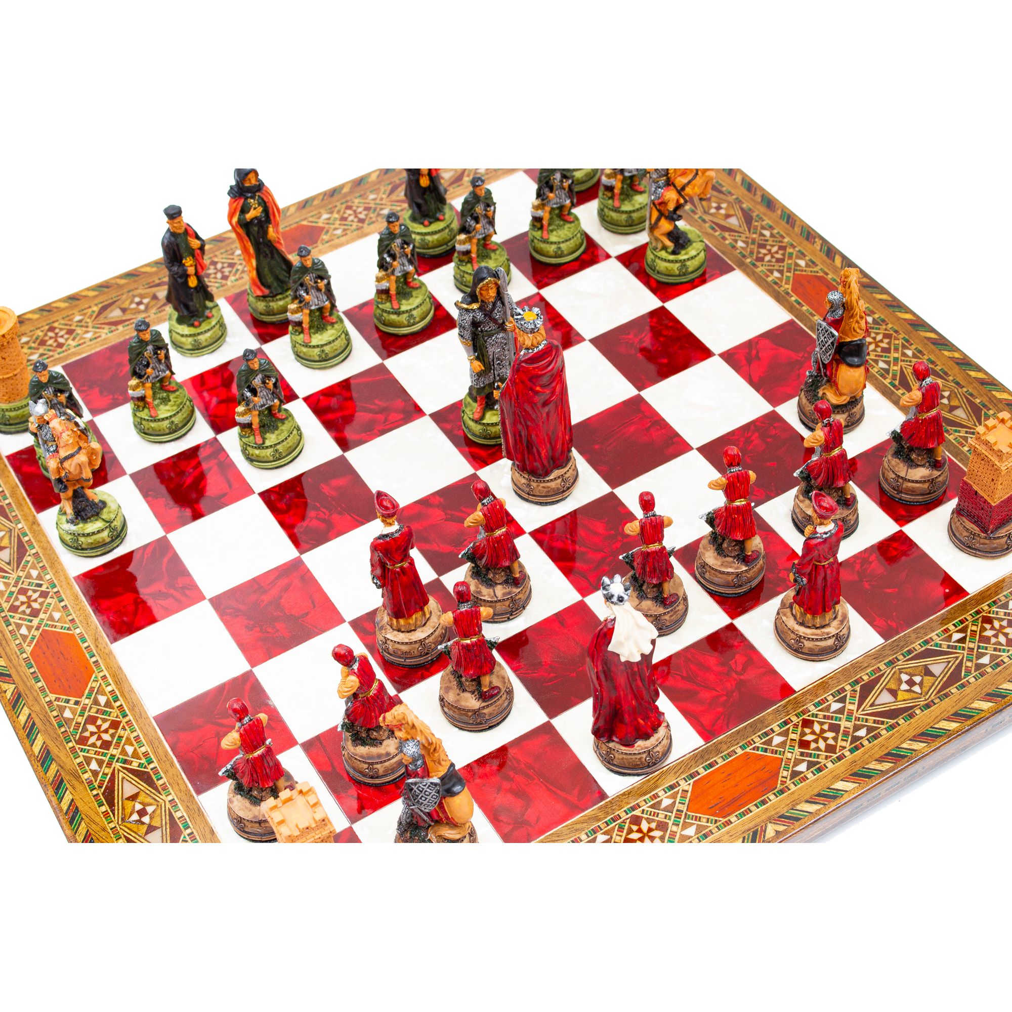 Hand Painted Chess Pieces Camelot and Mosaic Chess Board ,Engraved Chess Set, Handmade Chess Set