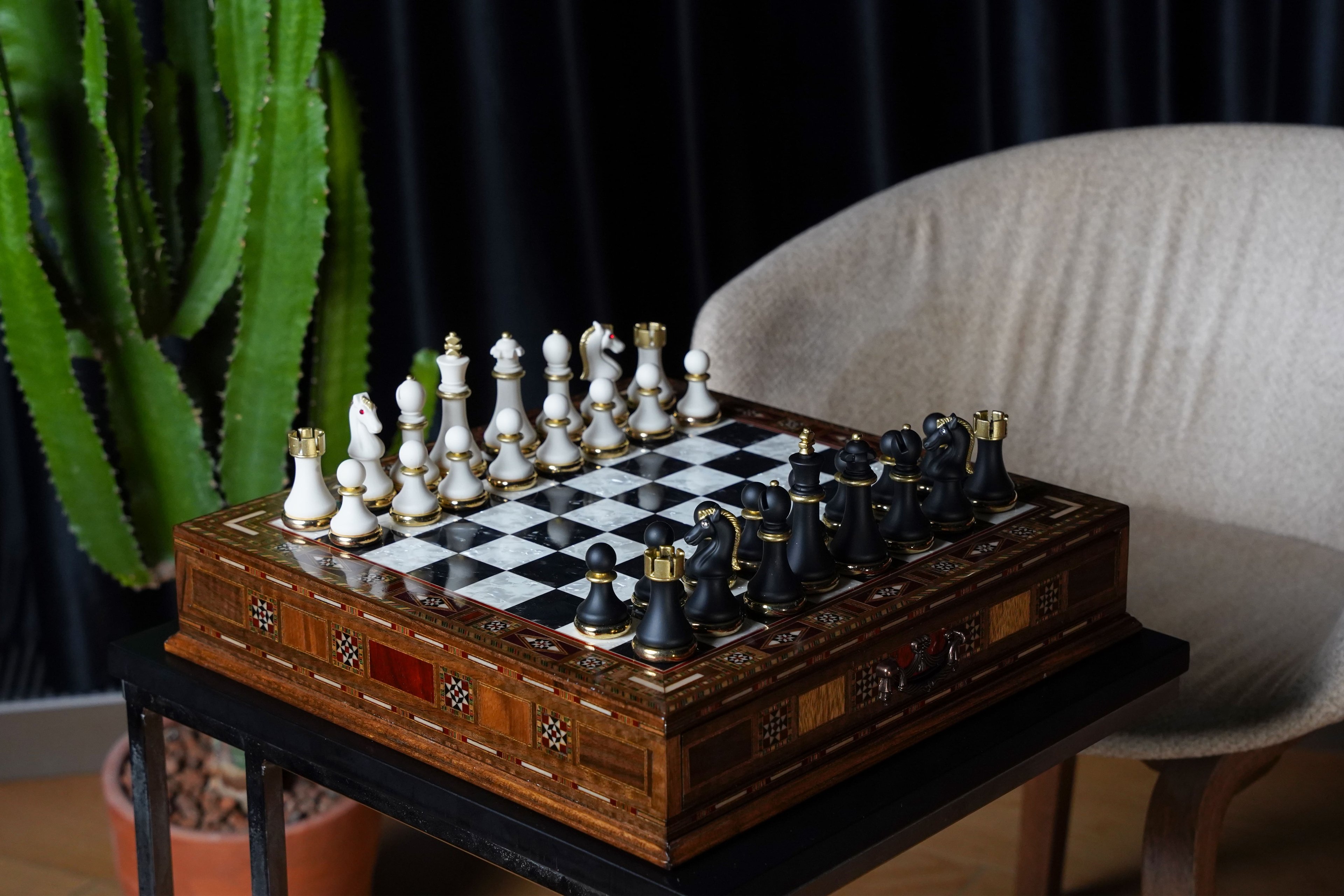  Luxury Chess Set with Storage,  Handmade Decorative Chess Set, Personalized Premium Chess Board, Unique Medieval Chess Set