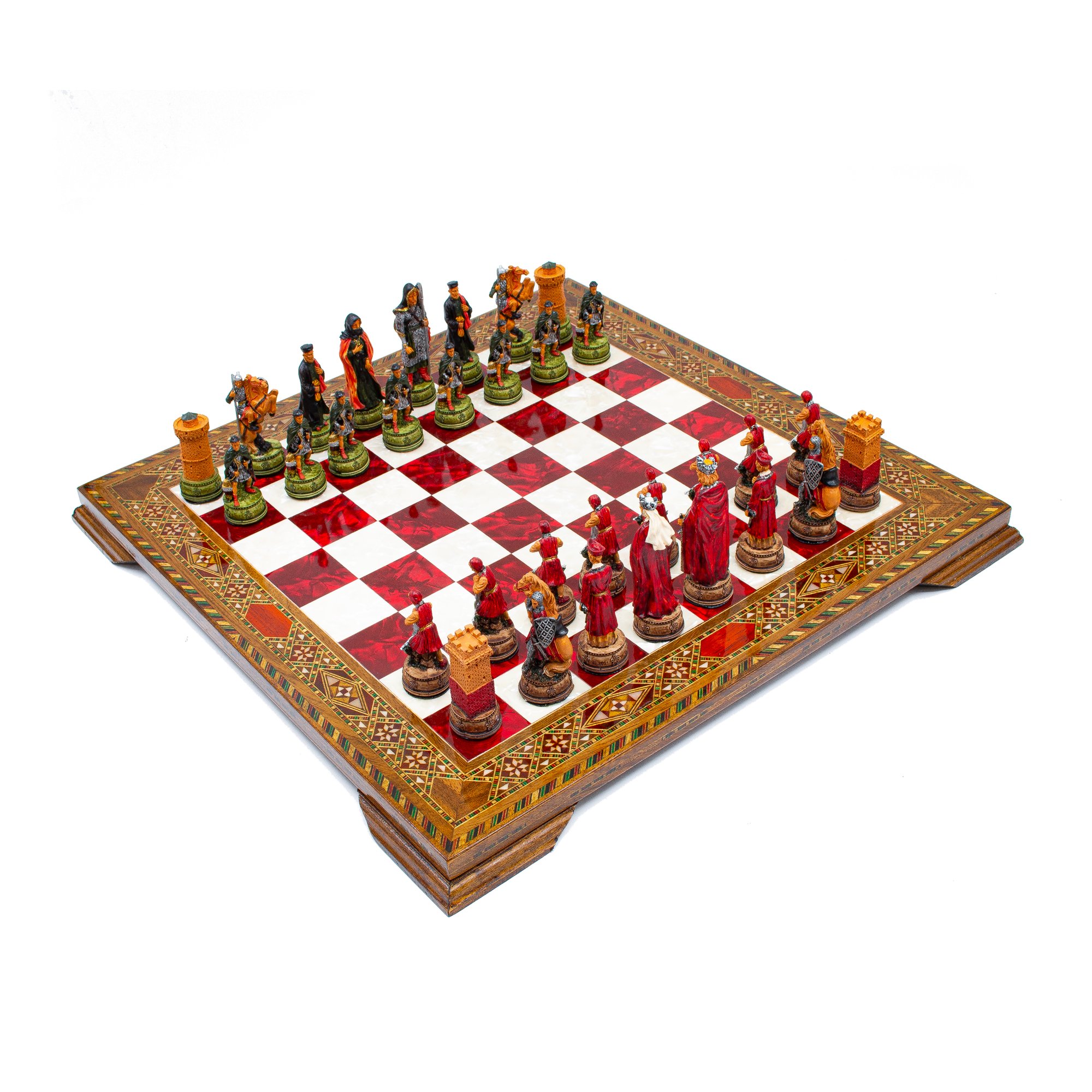 Hand Painted Chess Pieces Camelot and Mosaic Chess Board ,Engraved Chess Set, Handmade Chess Set