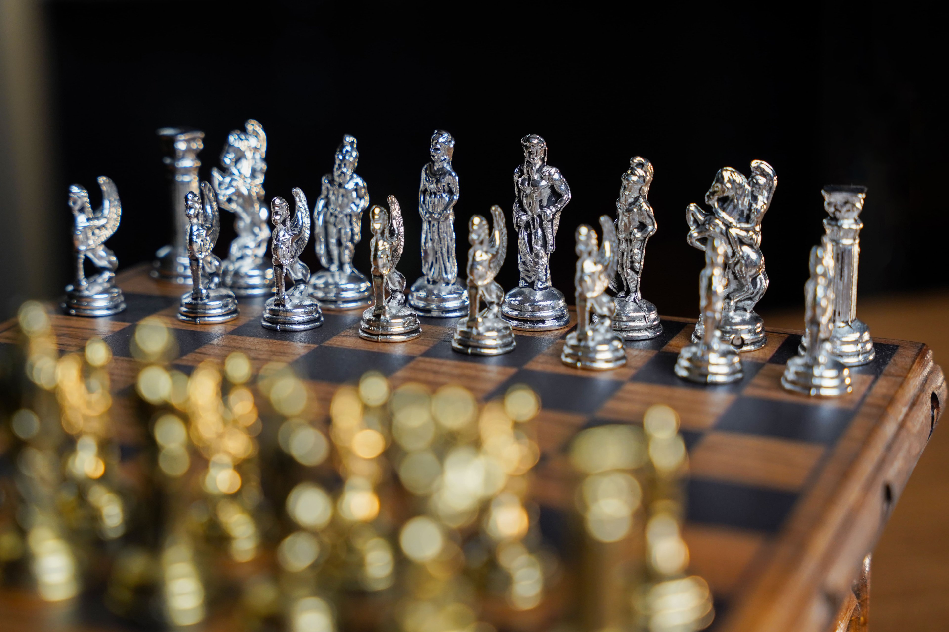 Locked Handmade Wooden Chess Box with Hidden Key, Roman Themed Chess Set, Unique Engraved Walnut Chess Board with Hidden Drawer, Medieval Chess Set