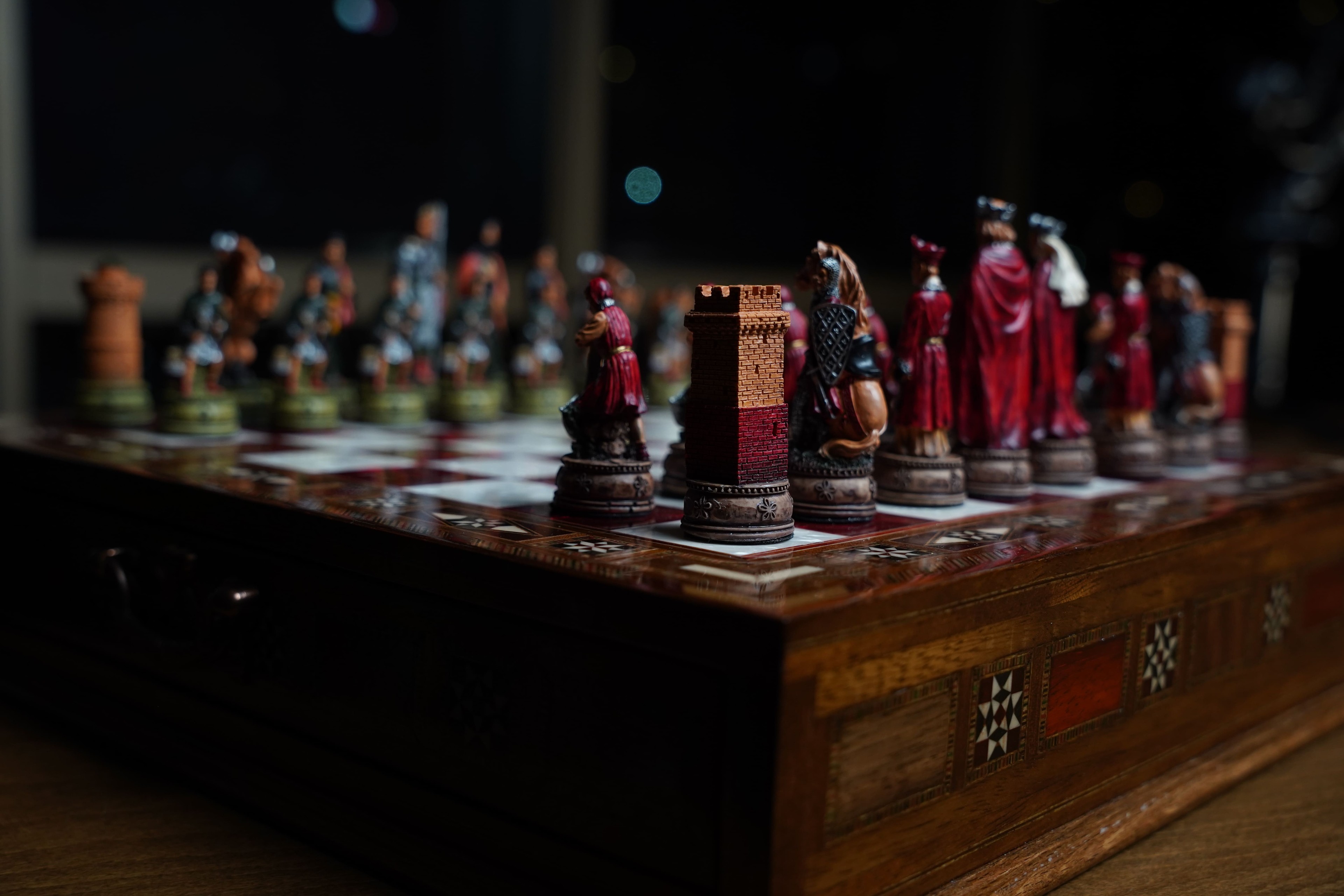 Hand Painted Chess Pieces Camelot and Chess Board with Drawer, Handmade Chess Board with Storage, Medieval Chess Pieces