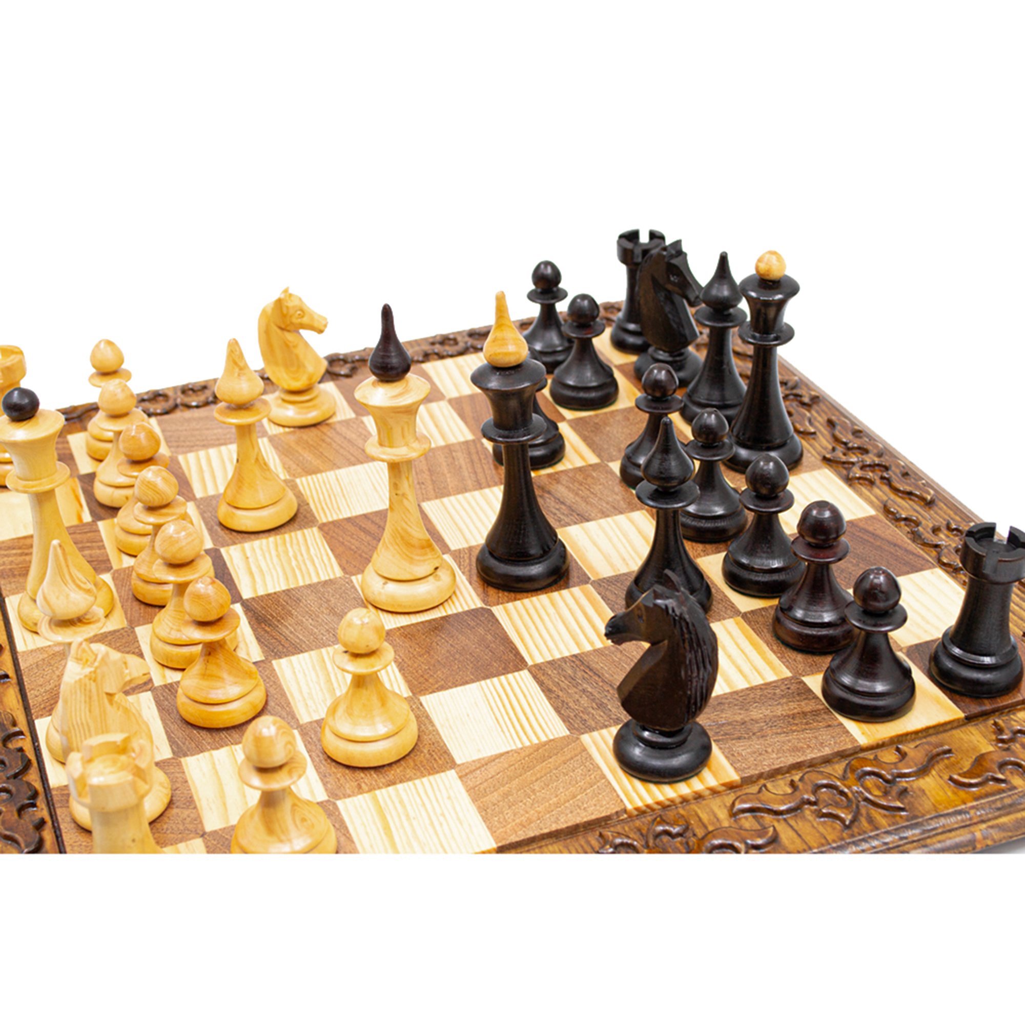 Wooden Chess Set with Board, Hand Curved Latvian Style Chess Pieces, Engraved Chess Board 