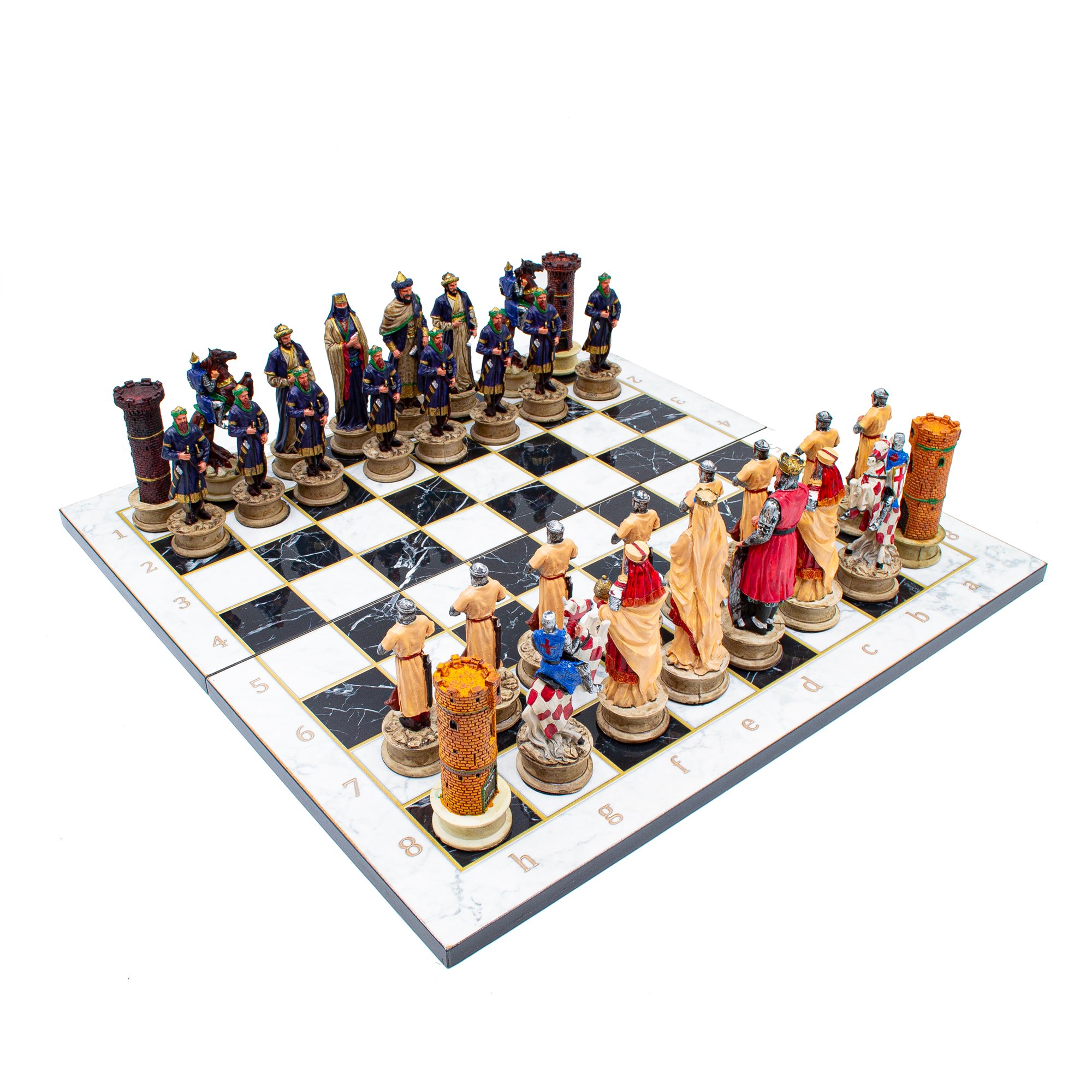 Ottoman and Crusaders Hand Painted Chess Pieces with Foldable Chess Board, Marble Patterned Chess Board, Handmade Unique Chess Set