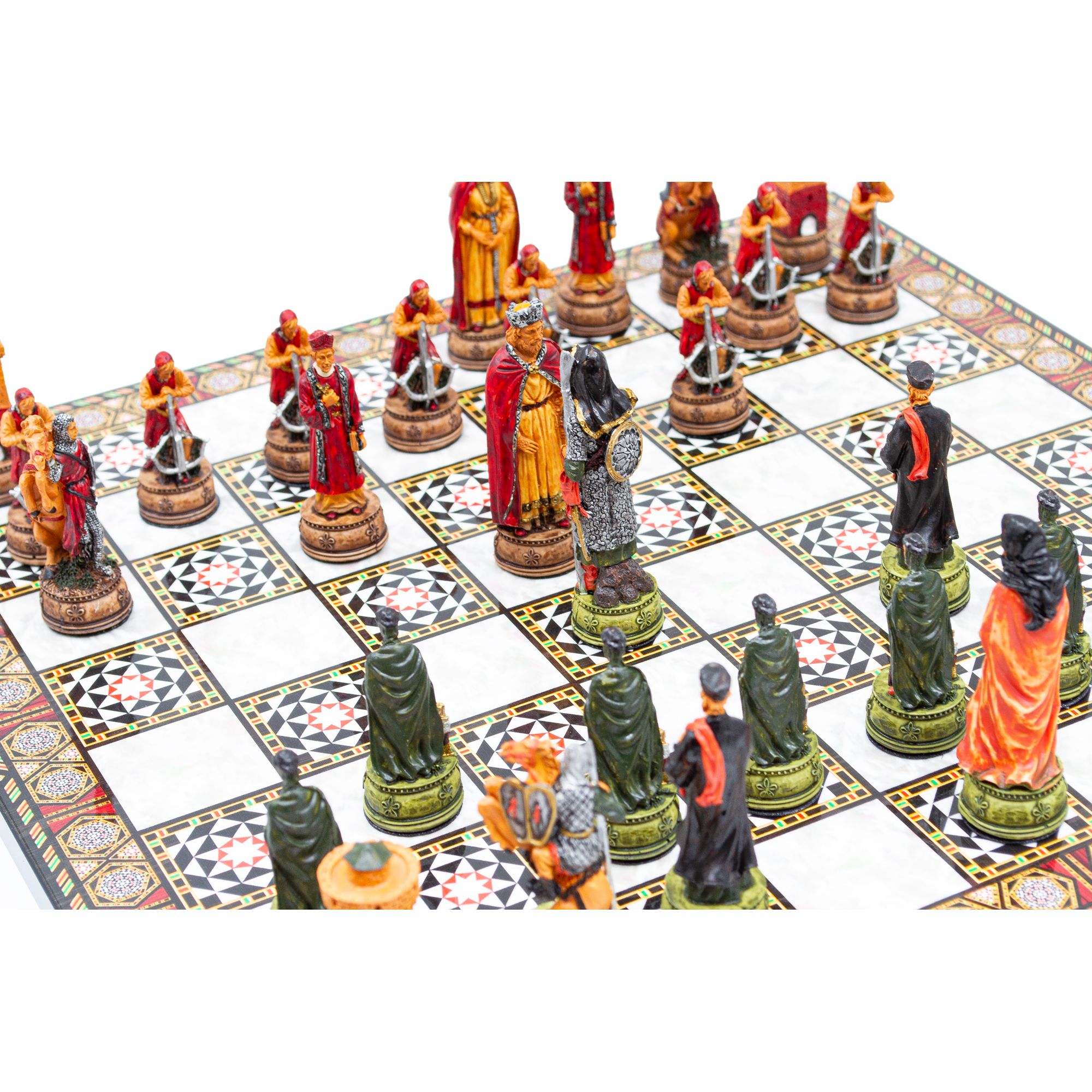 Hand Painted Chess Pieces Camelot and Chess Board, Handmade Medieval Chess Set, Engraved Chess Board