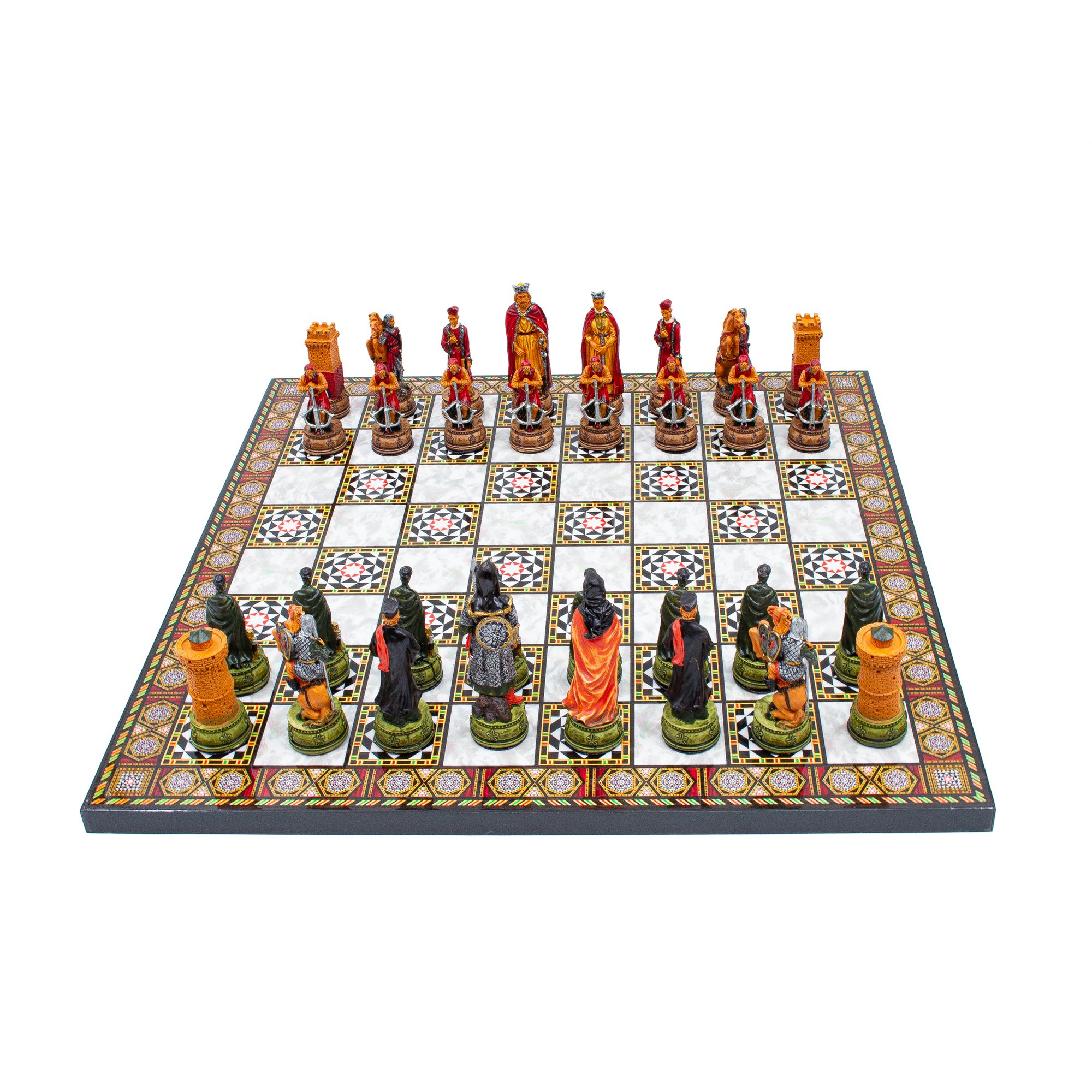 Hand Painted Chess Pieces Camelot and Chess Board, Handmade Medieval Chess Set, Engraved Chess Board