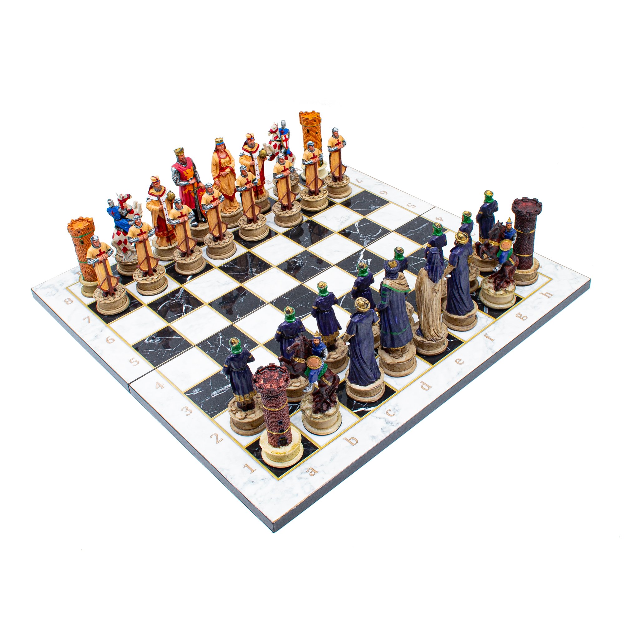 Ottoman and Crusaders Hand Painted Chess Pieces with Foldable Chess Board, Marble Patterned Chess Board, Handmade Unique Chess Set