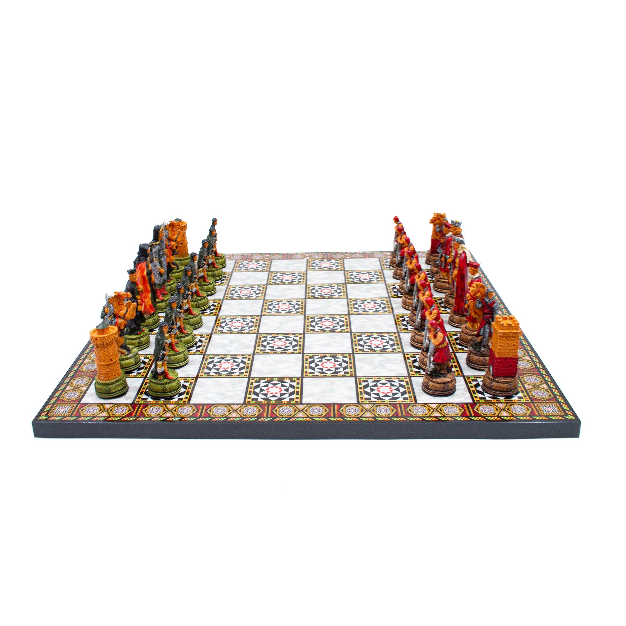 Hand Painted Chess Pieces Camelot and Chess Board, Handmade Medieval Chess Set, Engraved Chess Board