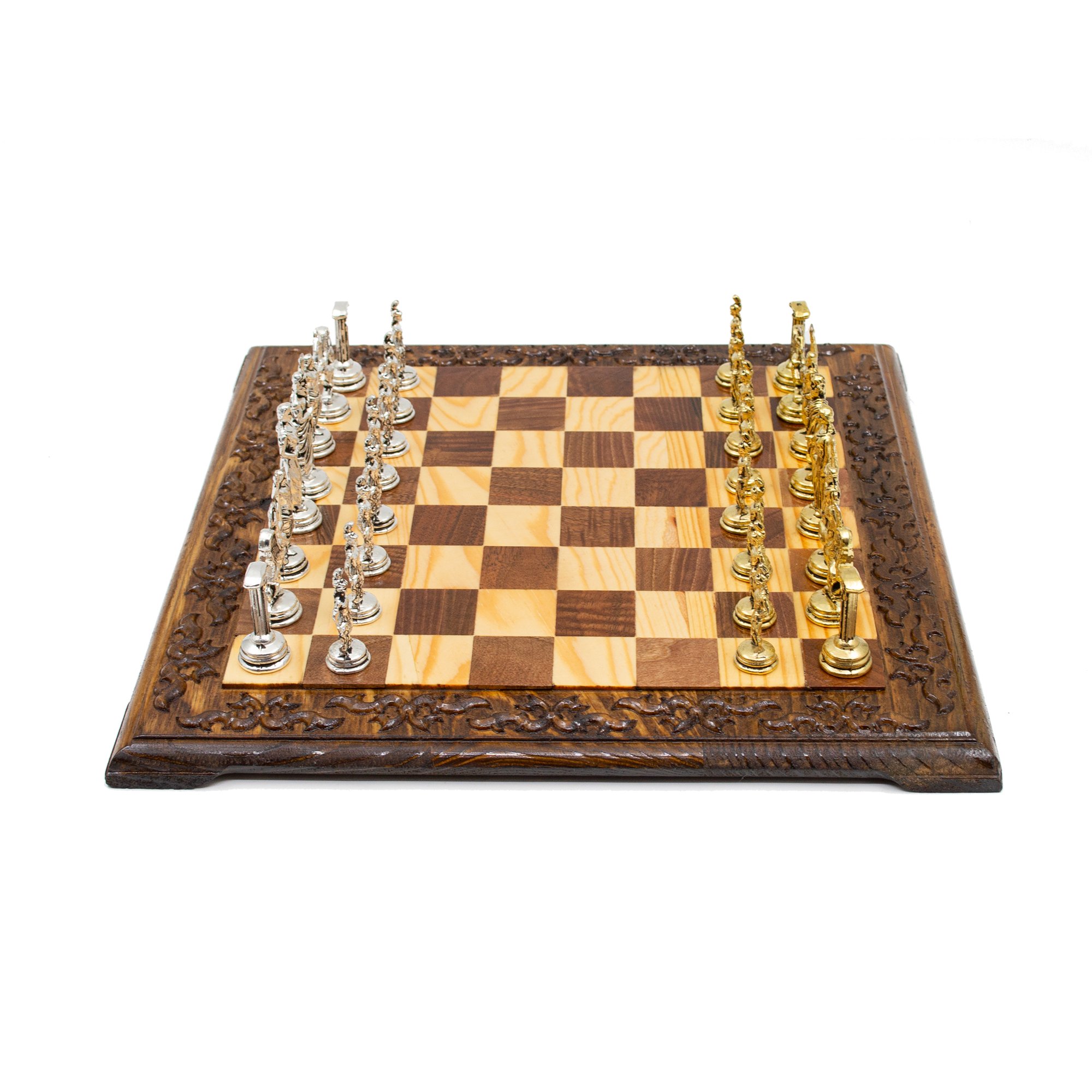 Hand Curved Walnut Chess Set with Classic Chess Pieces, Engraves Chess Board, Unique Roman Chess Set