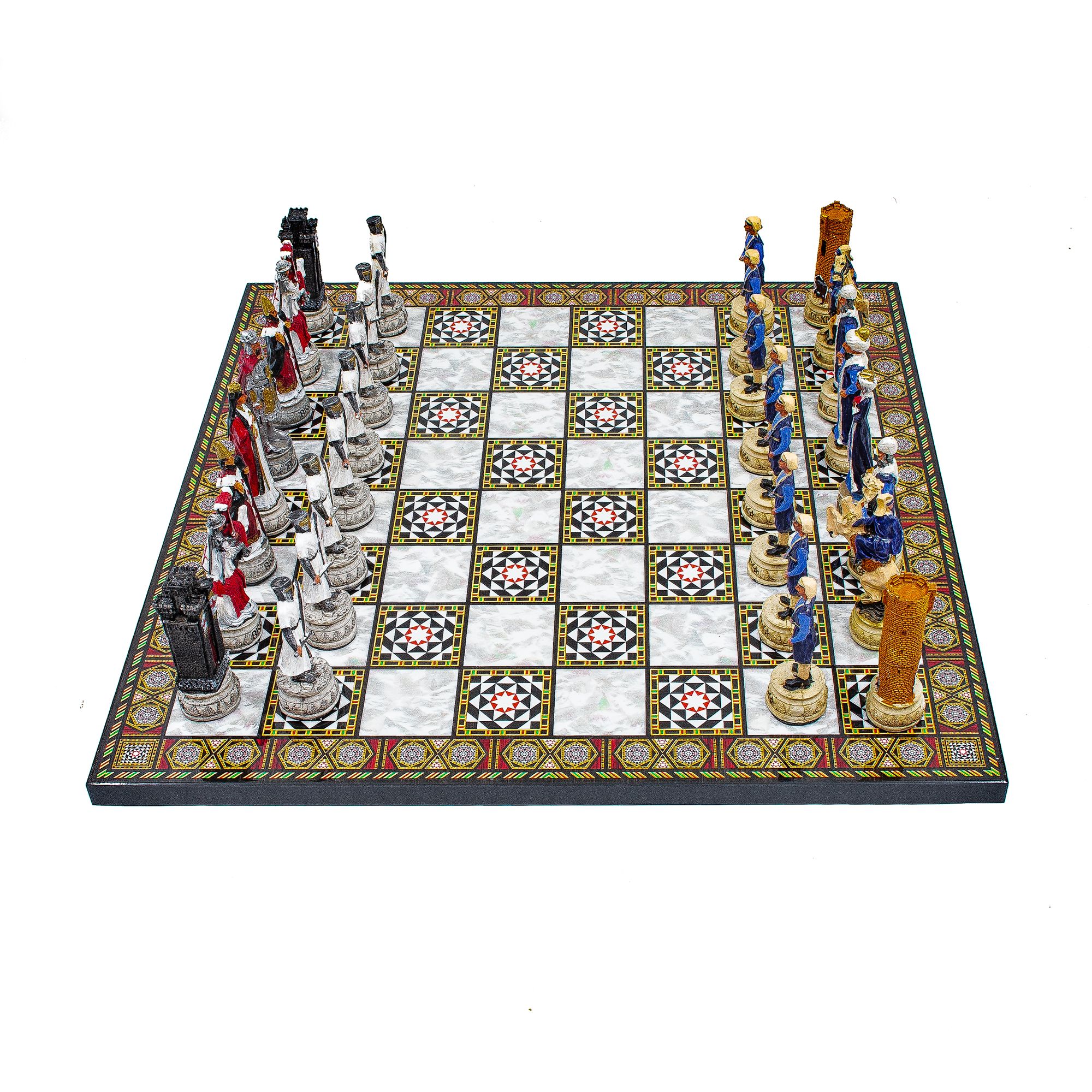 Mosaic Patterned Foldable Chess Board with Hand Painted Ottoman Chess Pieces, Handmade Chess Board, Unique Chess Set