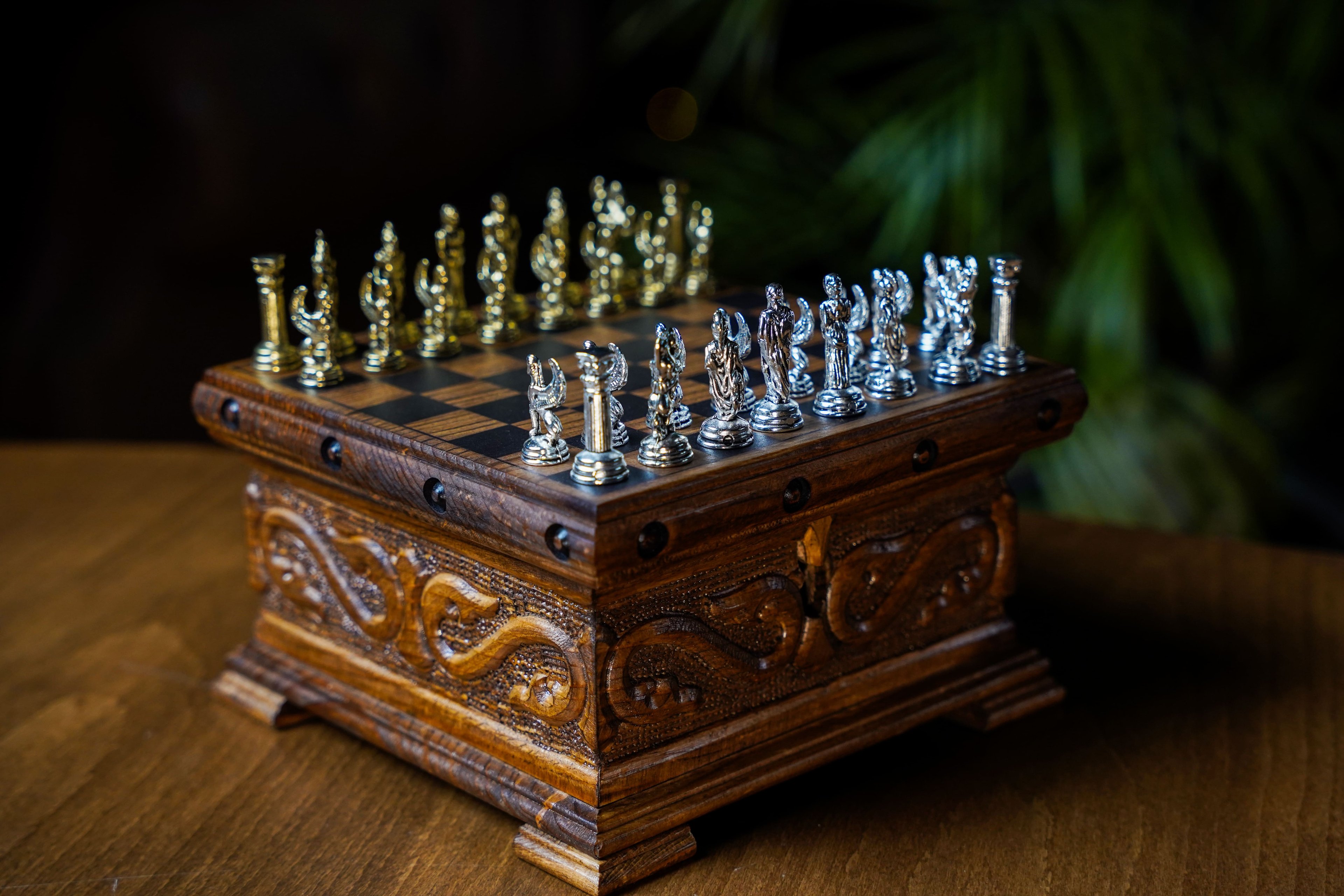 Locked Handmade Wooden Chess Box with Hidden Key, Roman Themed Chess Set, Unique Engraved Walnut Chess Board with Hidden Drawer, Medieval Chess Set