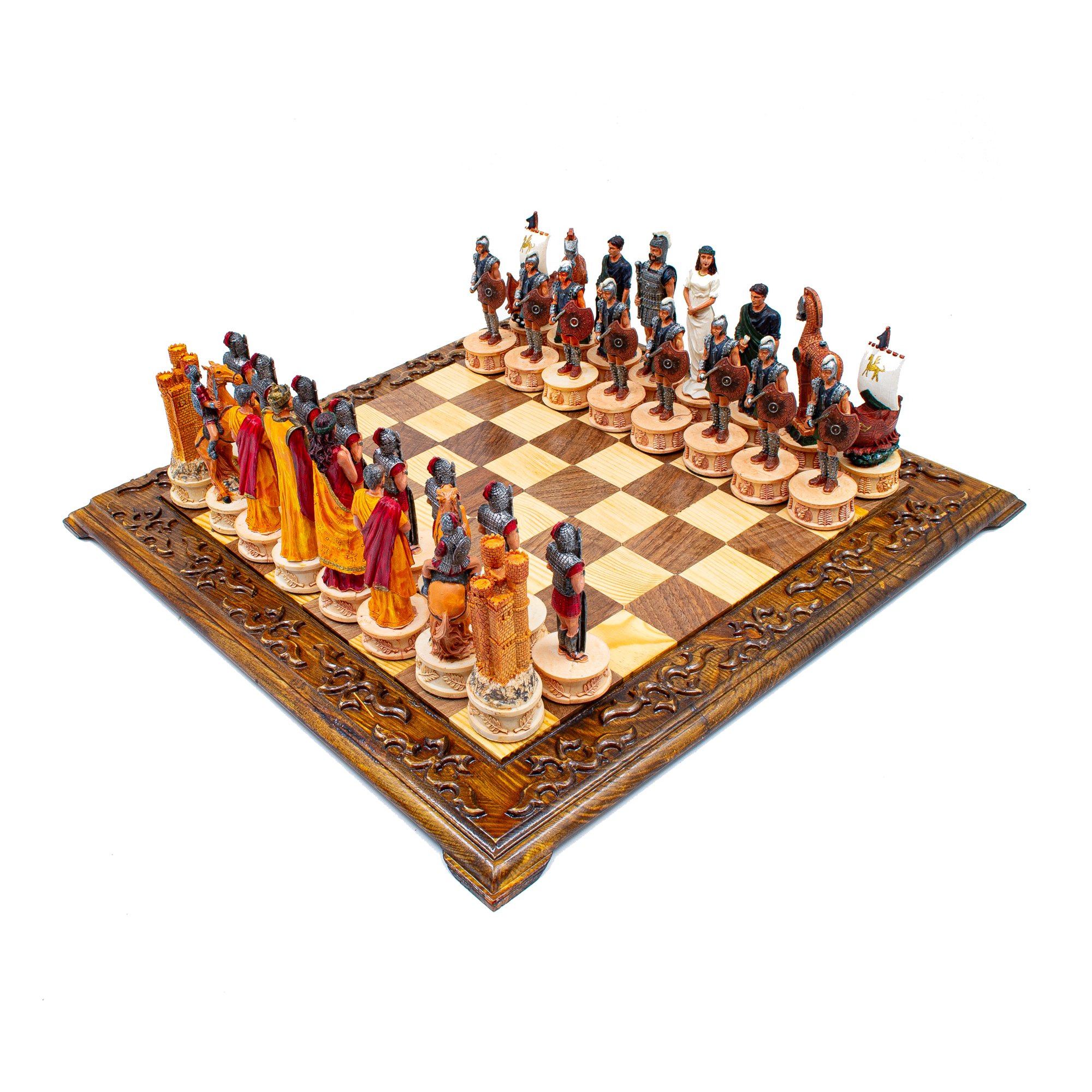 Unique Trojan and Romans Chess Set, Handmade Mythological Trojan and Romans Chess Pieces, Engraved Chess Board, Customizable Chess Set