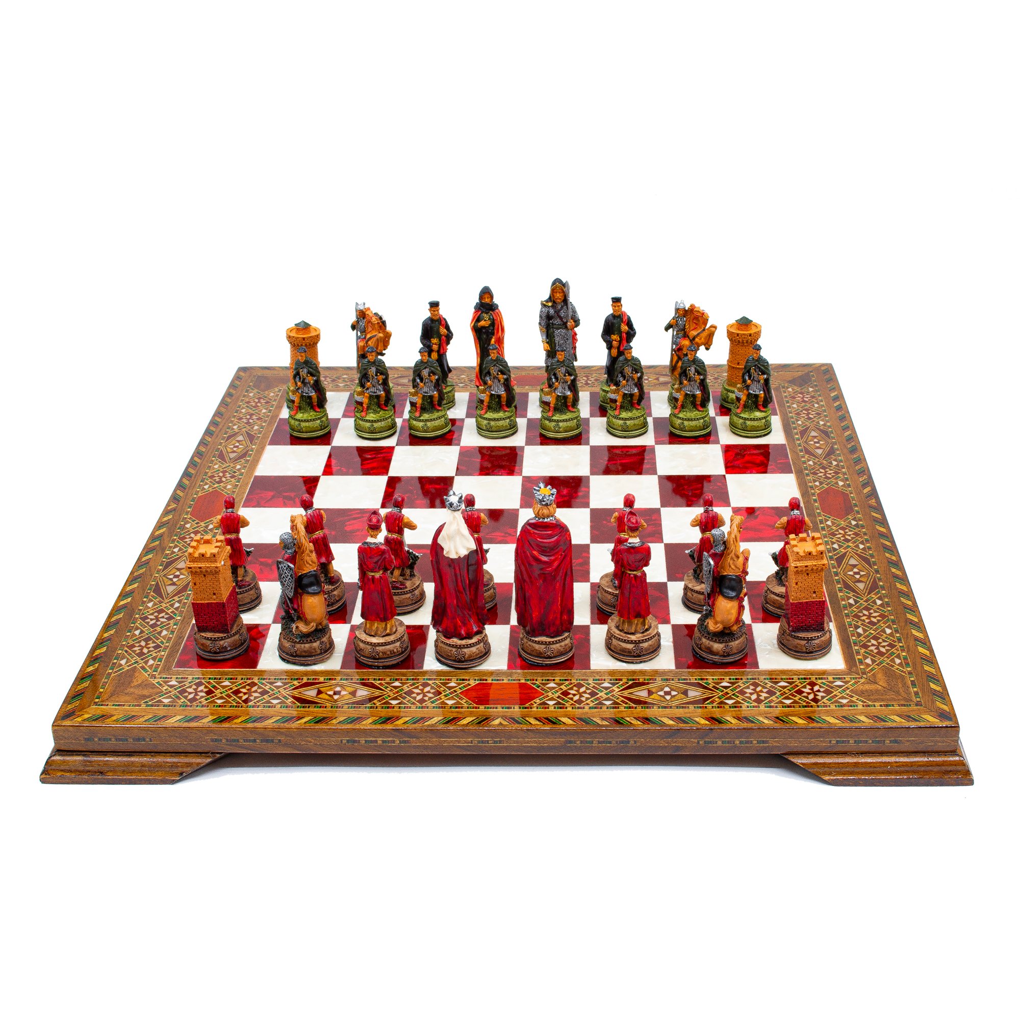 Hand Painted Chess Pieces Camelot and Mosaic Chess Board ,Engraved Chess Set, Handmade Chess Set