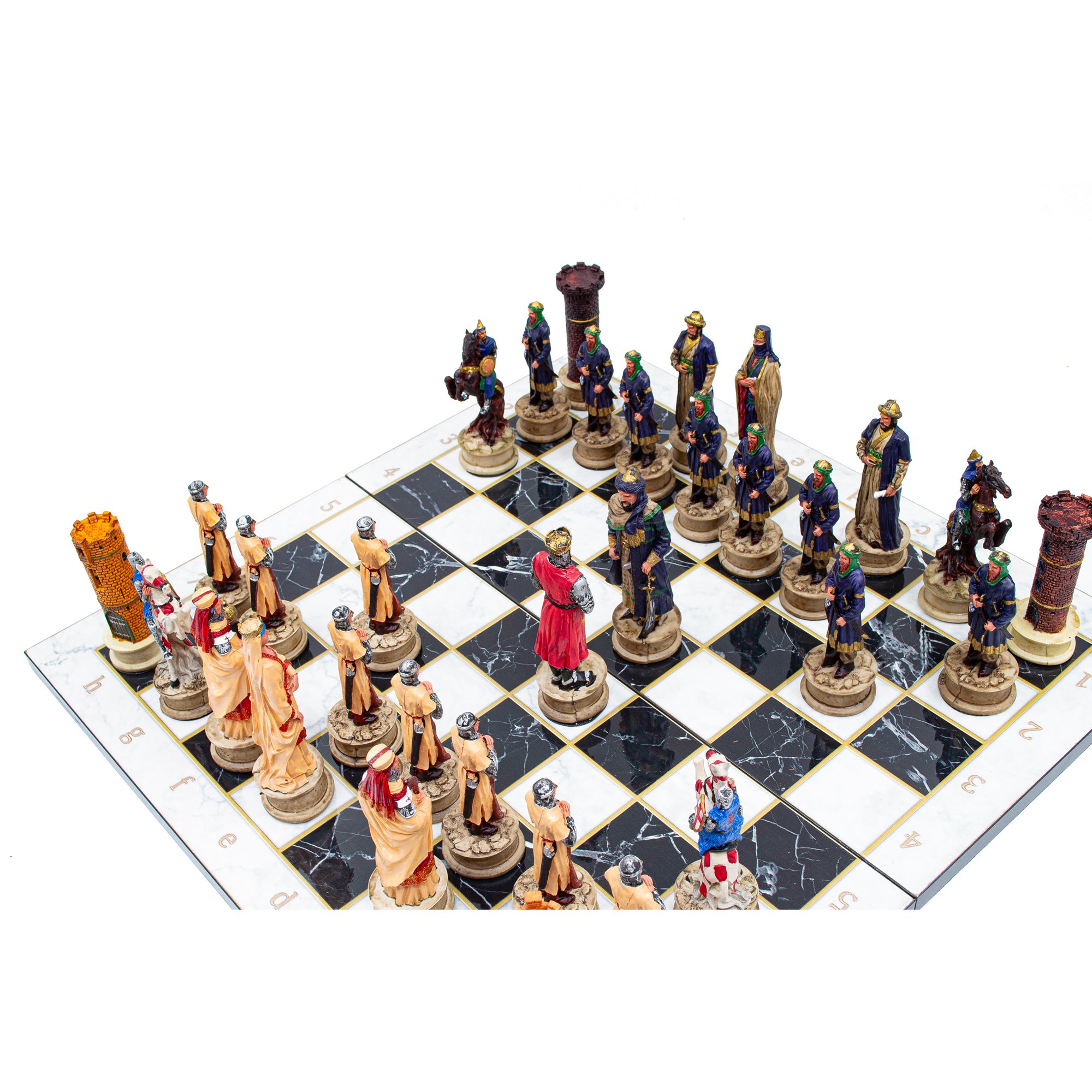 Ottoman and Crusaders Hand Painted Chess Pieces with Foldable Chess Board, Marble Patterned Chess Board, Handmade Unique Chess Set