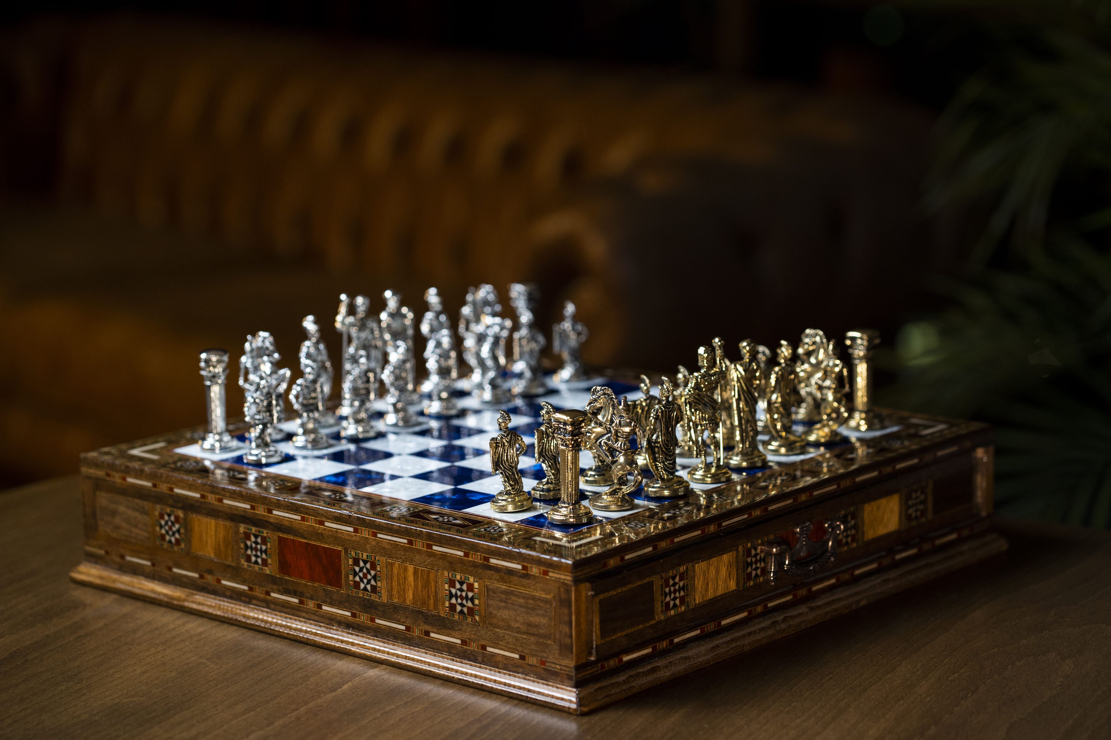  Luxury Chess Set with Storage,  Handmade Decorative Chess Set, Personalized Premium Chess Board, Unique Medieval Chess Set - Blue