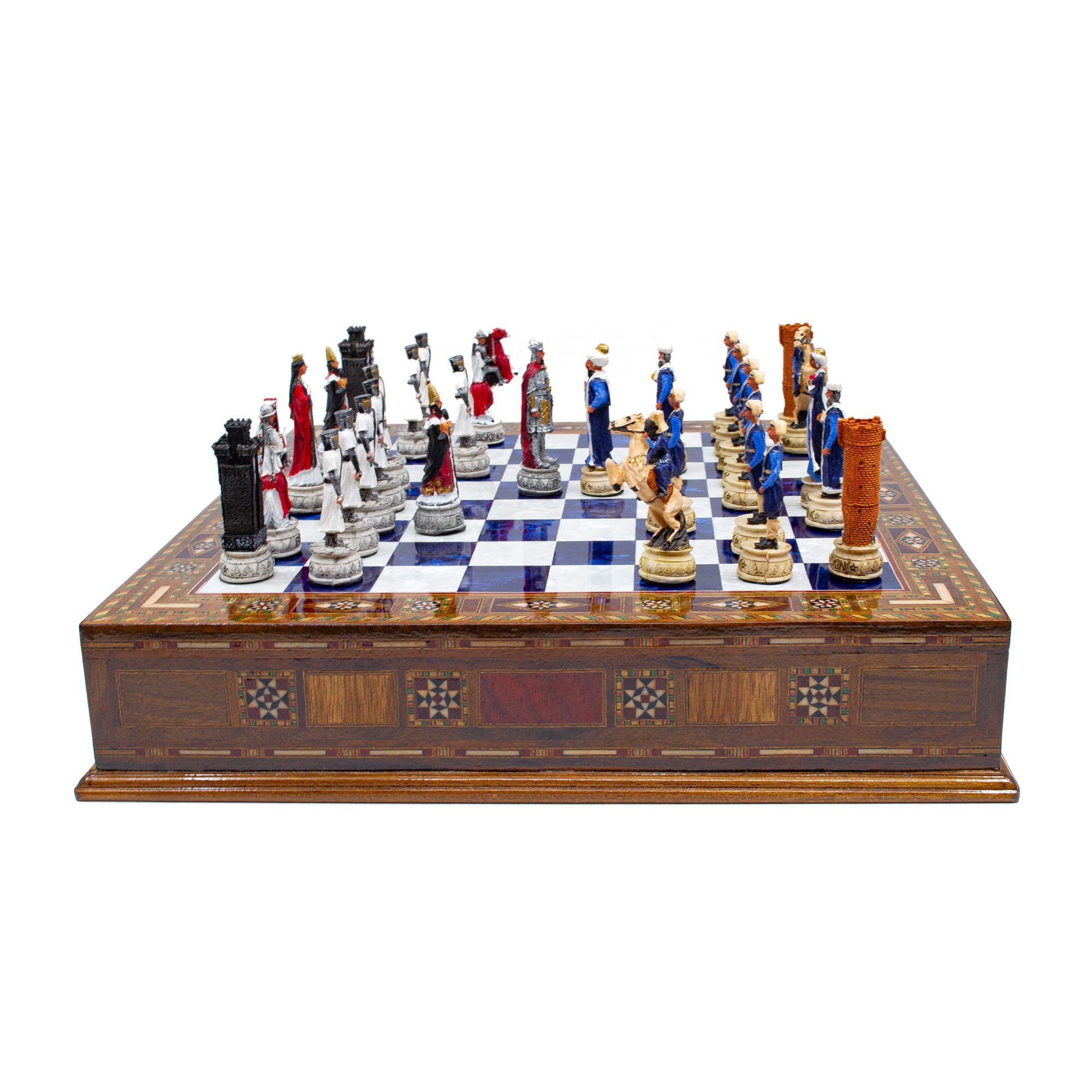 Hand Painted Chess Pieces Crusaders&Ottoman and Chess Board with Drawer, Engraved Chess Board with Storage, Handmade Chess Set