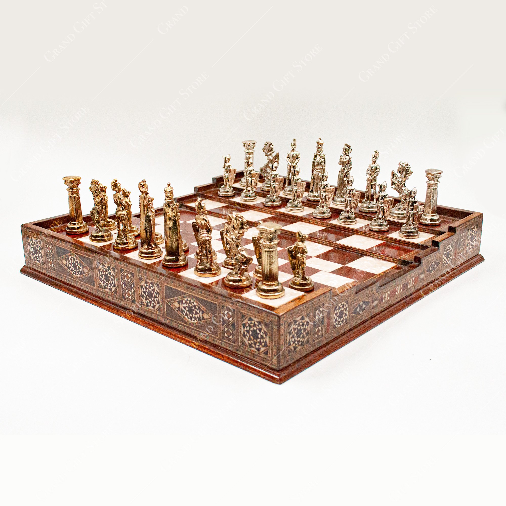 Roman Chess Pieces on Unique Arena Chess Board: Unmatched Elegance for Your Gameplay