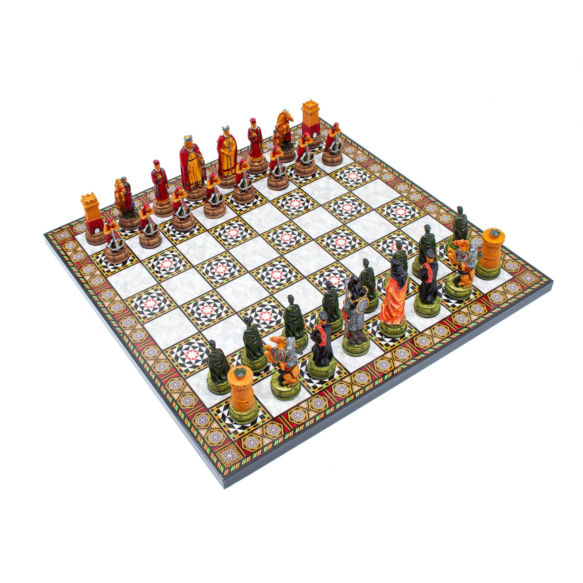 Hand Painted Chess Pieces Camelot and Chess Board, Handmade Medieval Chess Set, Engraved Chess Board