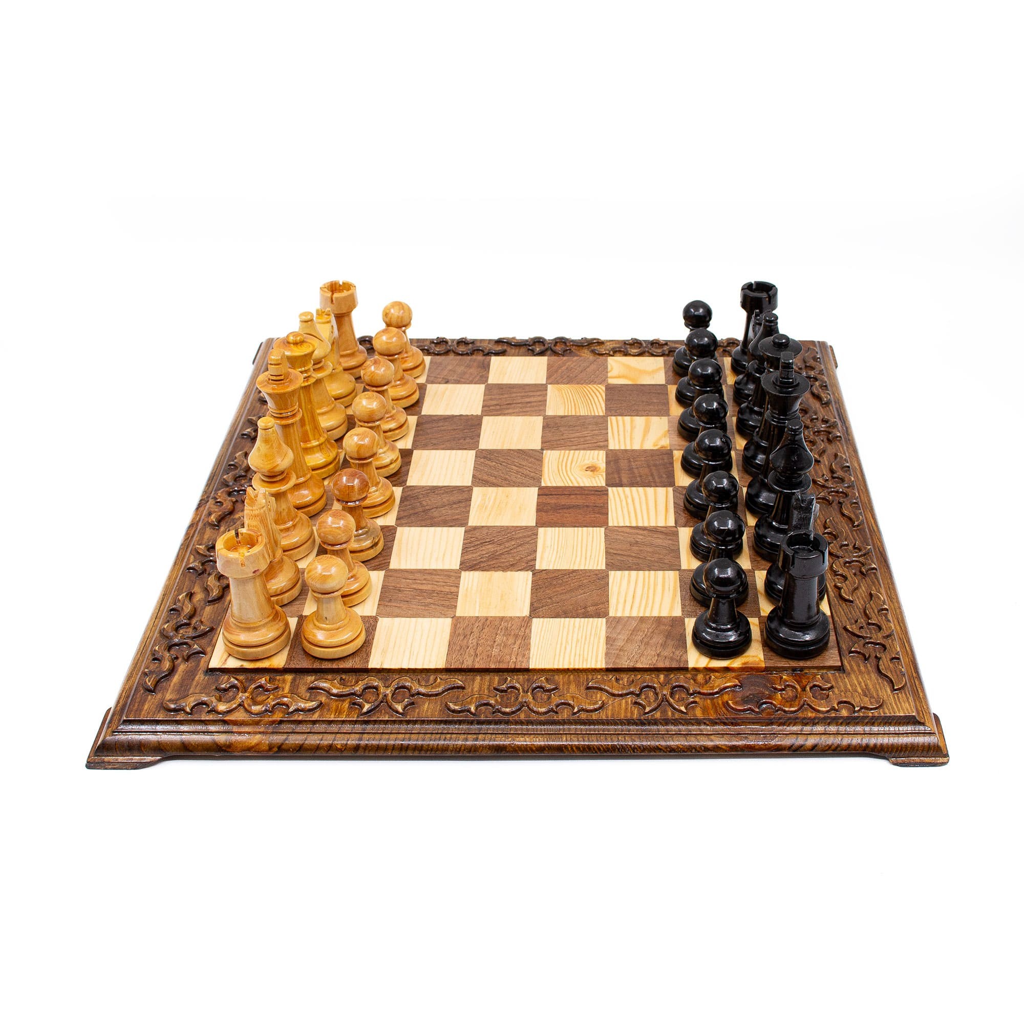 MRSSTN36_MRSSTN42 Hand Curved Staunton Chess Set, Engraved Chess Board, Handmade Chess Set 