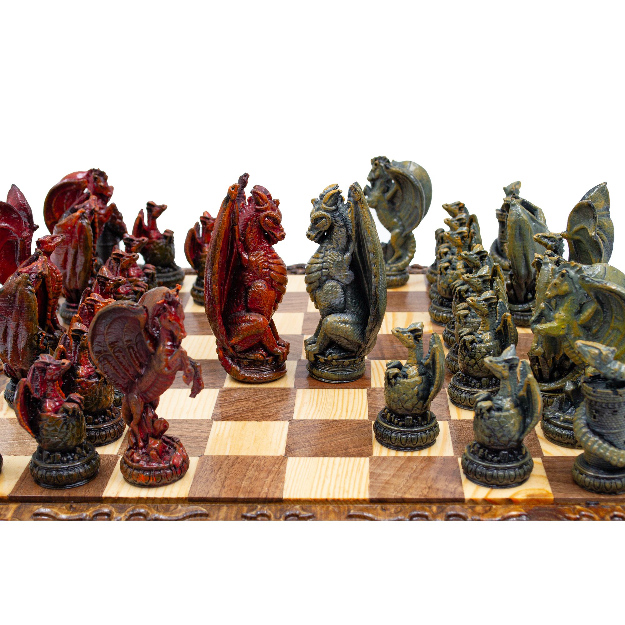 Hand Painted Dragon Themed Chess Set, Handmade Engraved Chess Board, Unique Dragon Chess Pieces, Customizable Chess Set