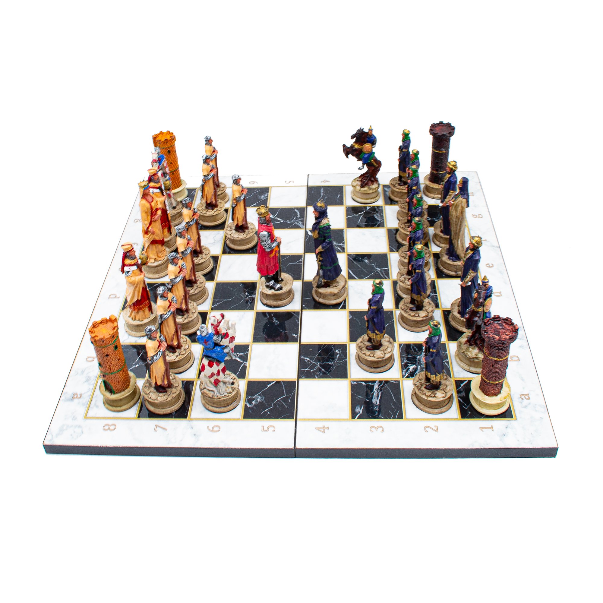 Ottoman and Crusaders Hand Painted Chess Pieces with Foldable Chess Board, Marble Patterned Chess Board, Handmade Unique Chess Set