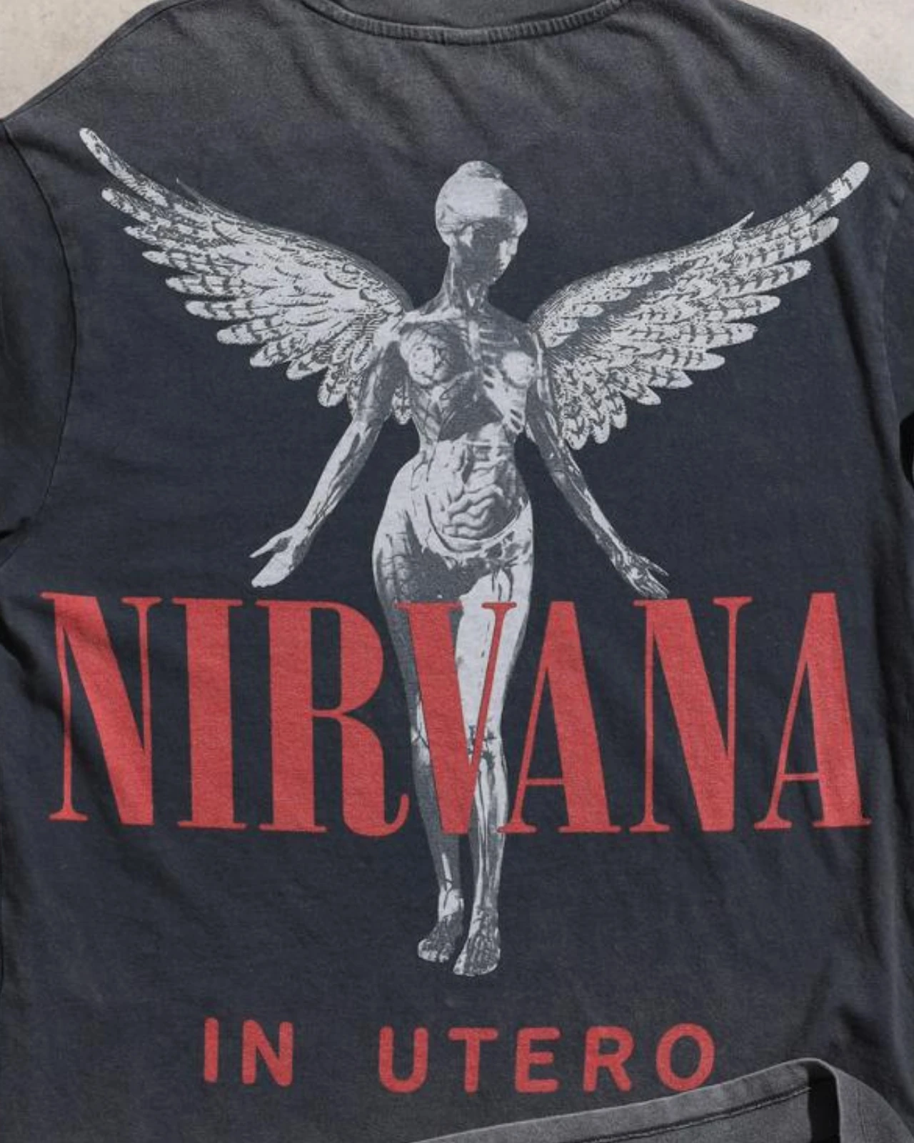 Nirvana In Utero Anjelofer Baskılı Vintage Yıkamalı Gri Oversize Kısa Kol Rock T-shirt
