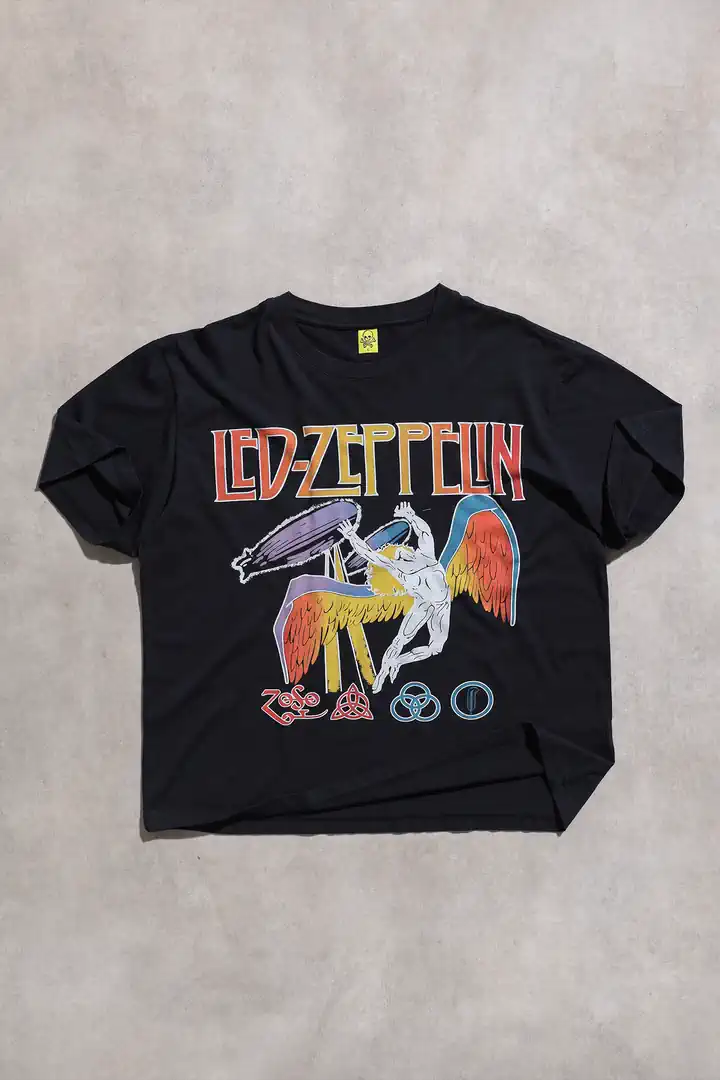 Led Zeppelin Retro Rock Band Siyah Unisex Boxy Fit Tshirt