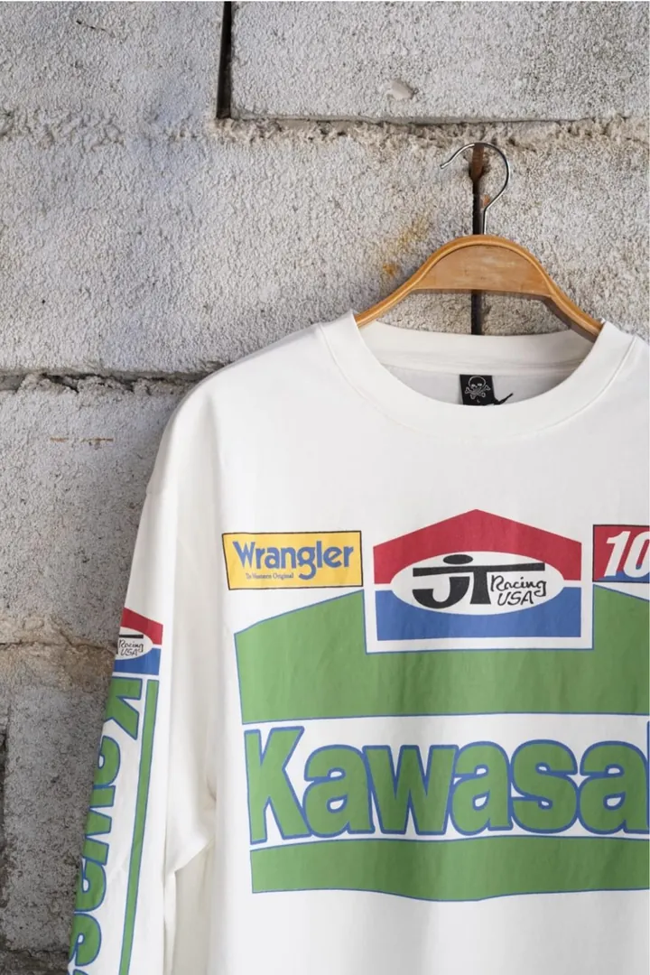 Overdrive Unisex Beyaz Uzun Kollu Kawasaki Racing Motorcu Tişörtü