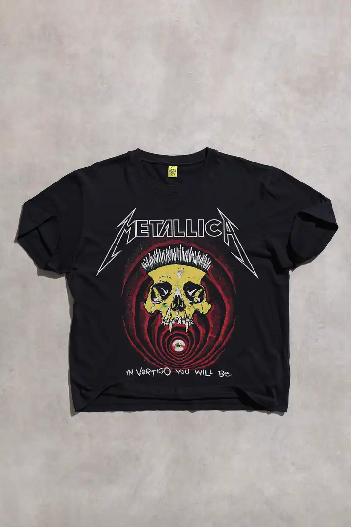 Metallica In Vertigo Baskılı Boxy Fit Siyah Unisex Kısa Kol Rock Tshirt