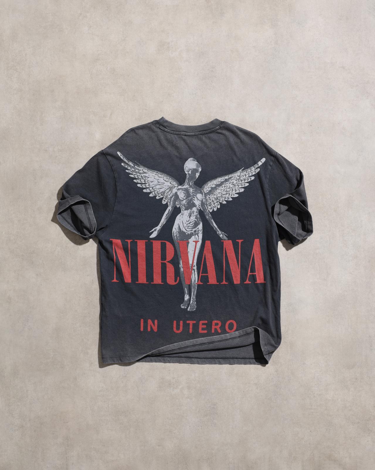 Nirvana In Utero Anjelofer Baskılı Vintage Yıkamalı Gri Oversize Kısa Kol Rock T-shirt