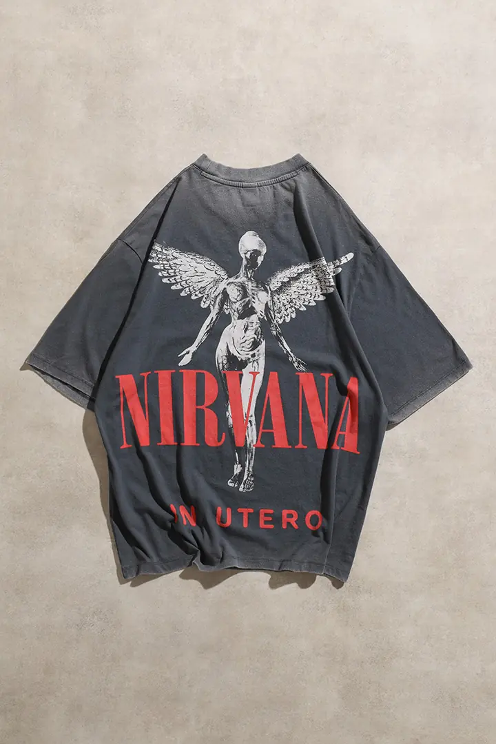Nirvana In Utero Anjelofer Baskılı Vintage Yıkamalı Gri Oversize