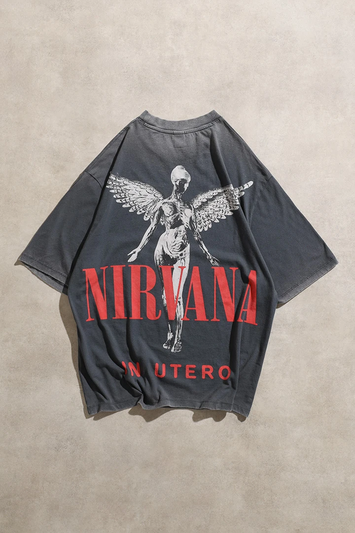 Nirvana In Utero Anjelofer Baskılı Vintage Yıkamalı Gri Oversize