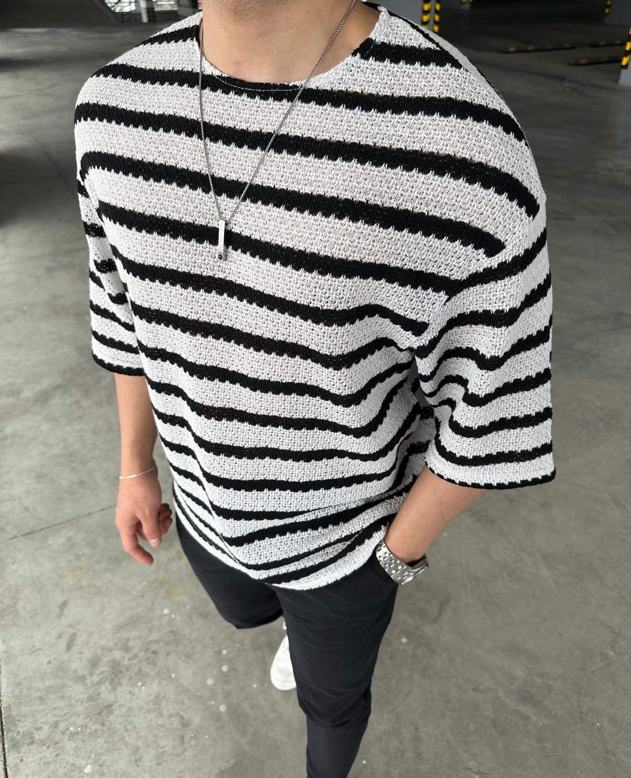 Erkek Örme Fakir Kol Oversize Tişört  - Beyaz