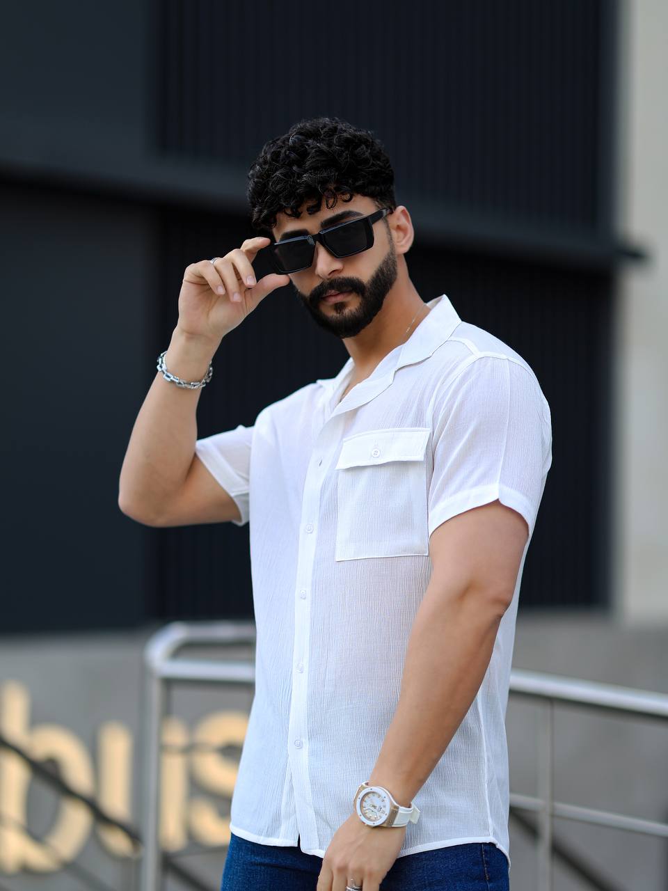 Erkek Slimfit Kesim Cepli Kısa Kollu Keten Gömlek - Beyaz