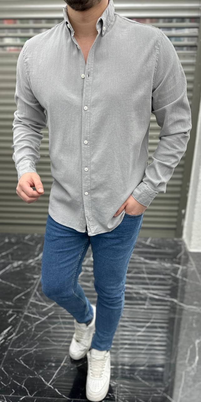Erkek Slimfit Kesim Krinkıl Kumaş Gömlek - Gri
