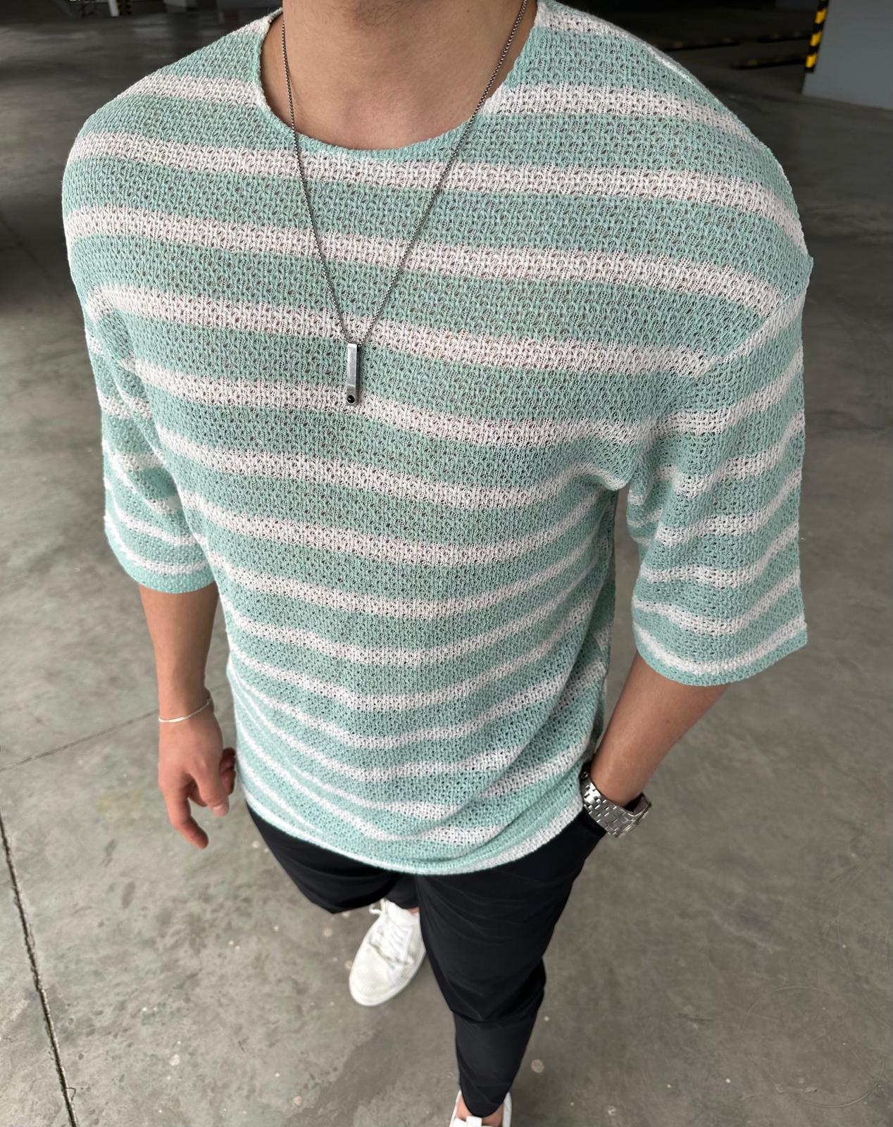 Erkek Örme Fakir Kol Oversize Tişört  - Turkuaz